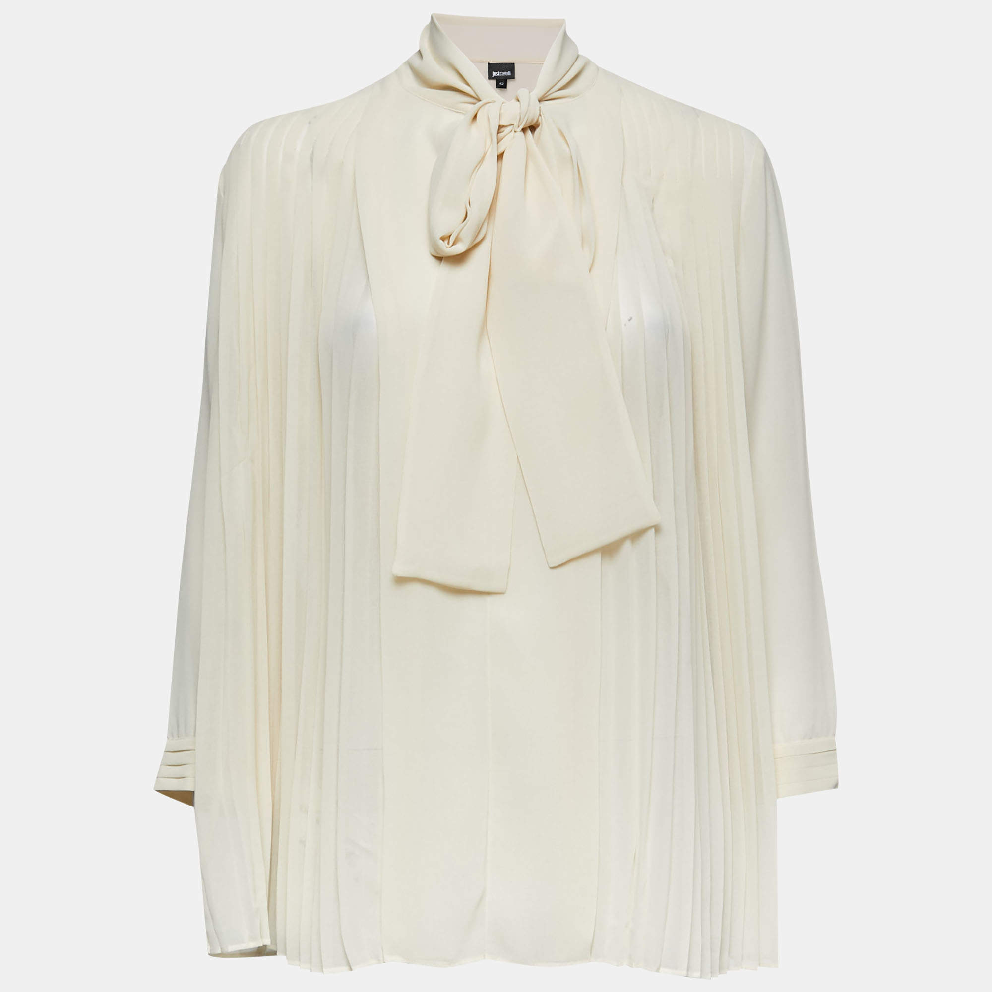 Pre Owned Just Cavalli Cream Chiffon Pleated Tie-Neck Blouse M