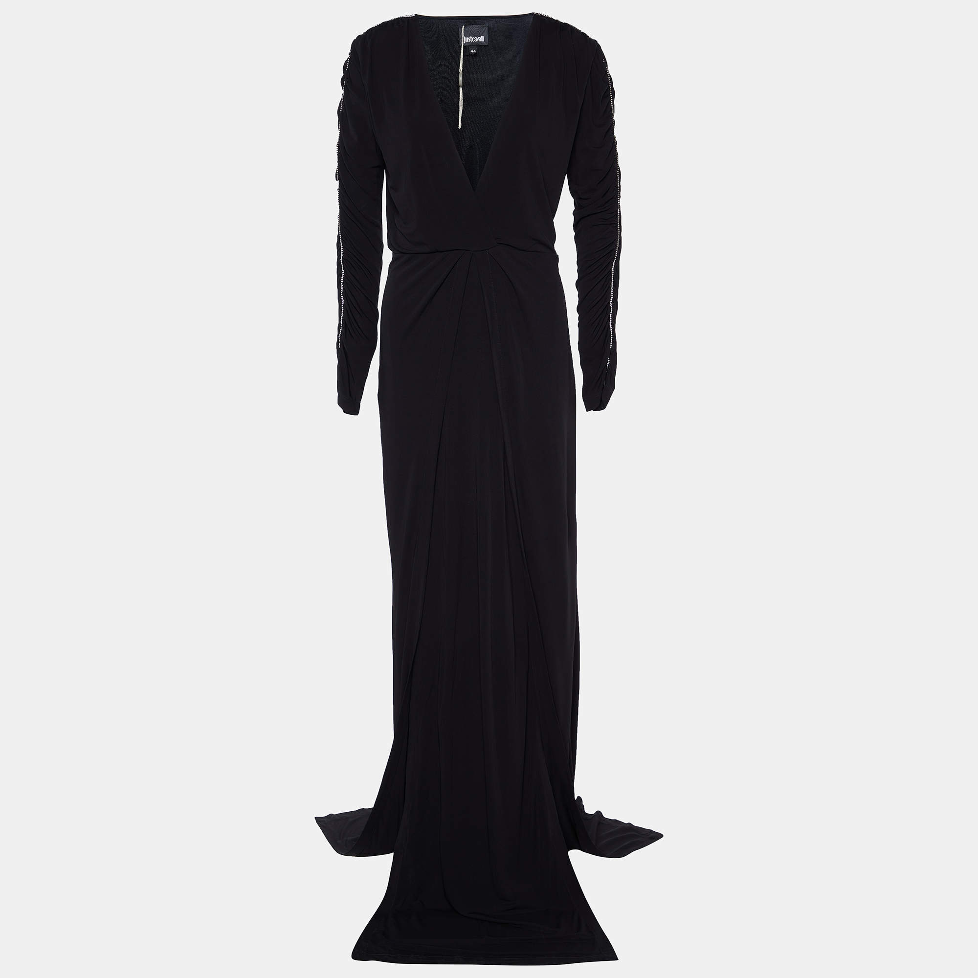 Pre Owned Just Cavalli Black Jersey Crystal Ruched Sleeve Gown M