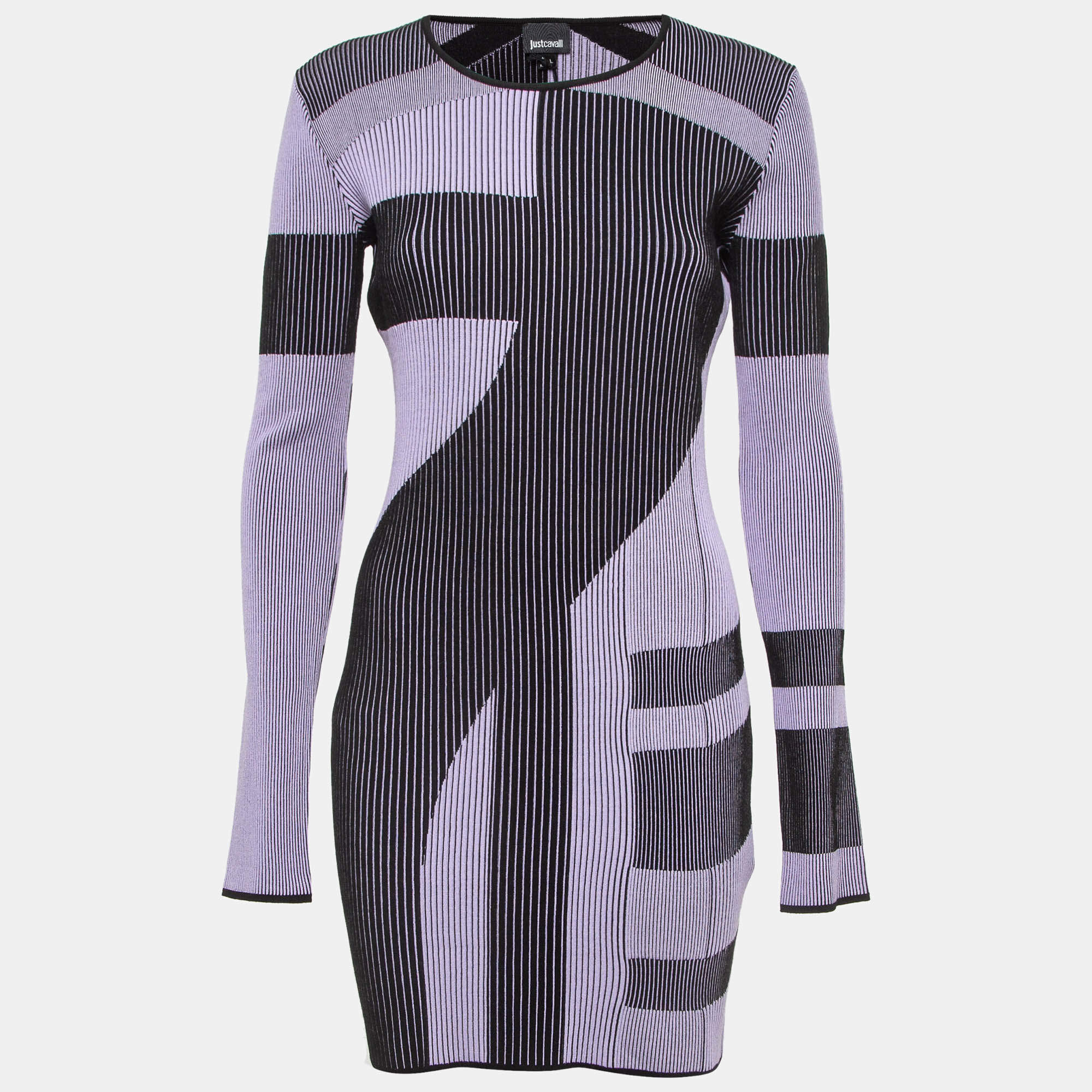 Pre Owned Just Cavalli Black/Lilac Patterned Rb Knit Mini Dress L
