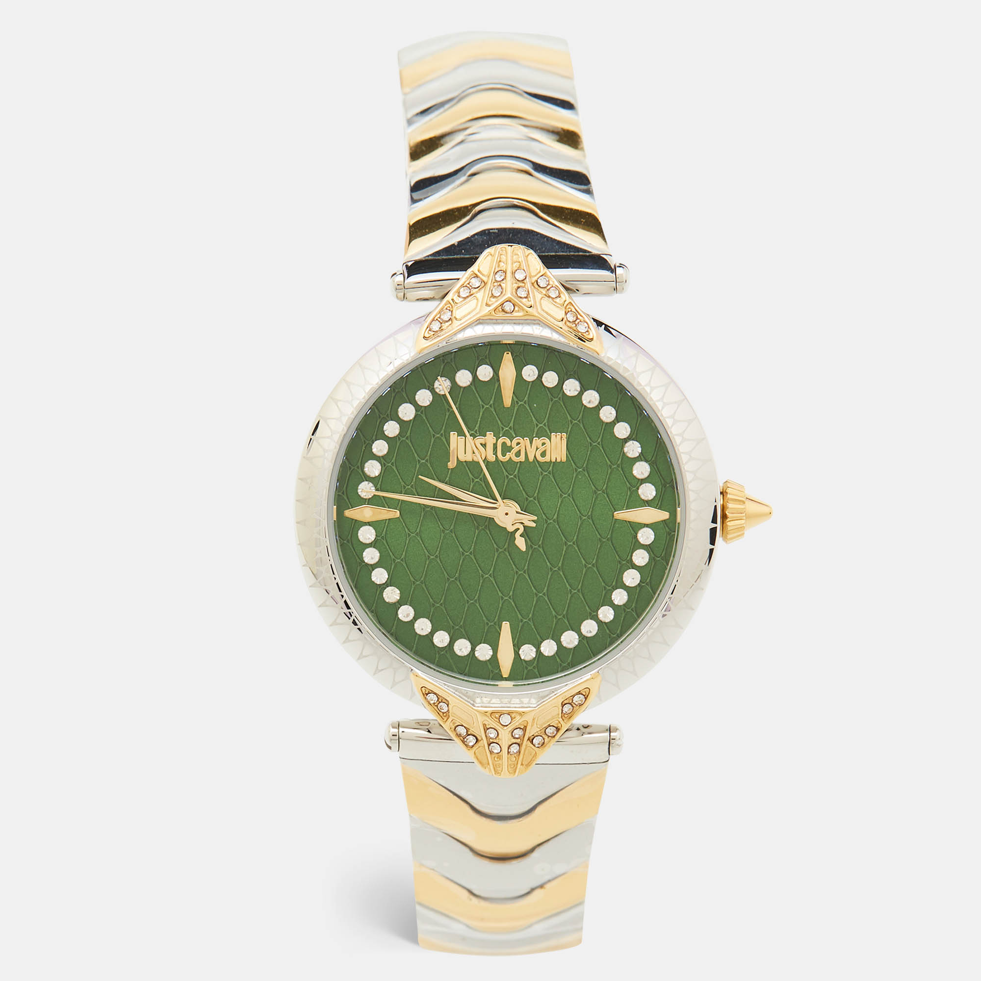 Pre Owned Just Cavalli Green Two-Tone Stainless Steel Animalier JC1L238M0105 Women's Wristwatch 32 mm