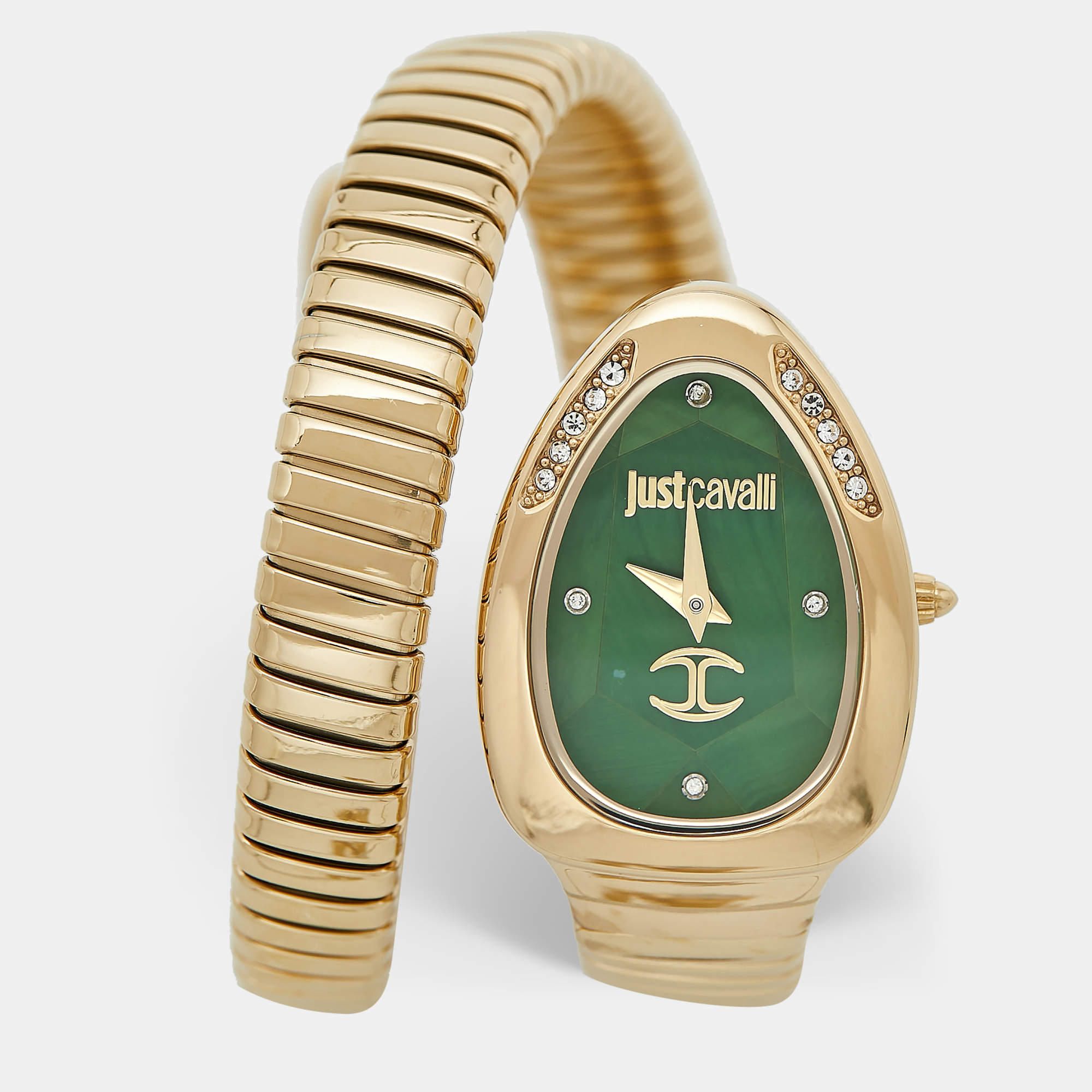 Pre Owned Just Cavalli Green Yellow Gold Plated Stainless Steel Glam Chic JC1L229M0035 Women's Wristwatch 22 mm