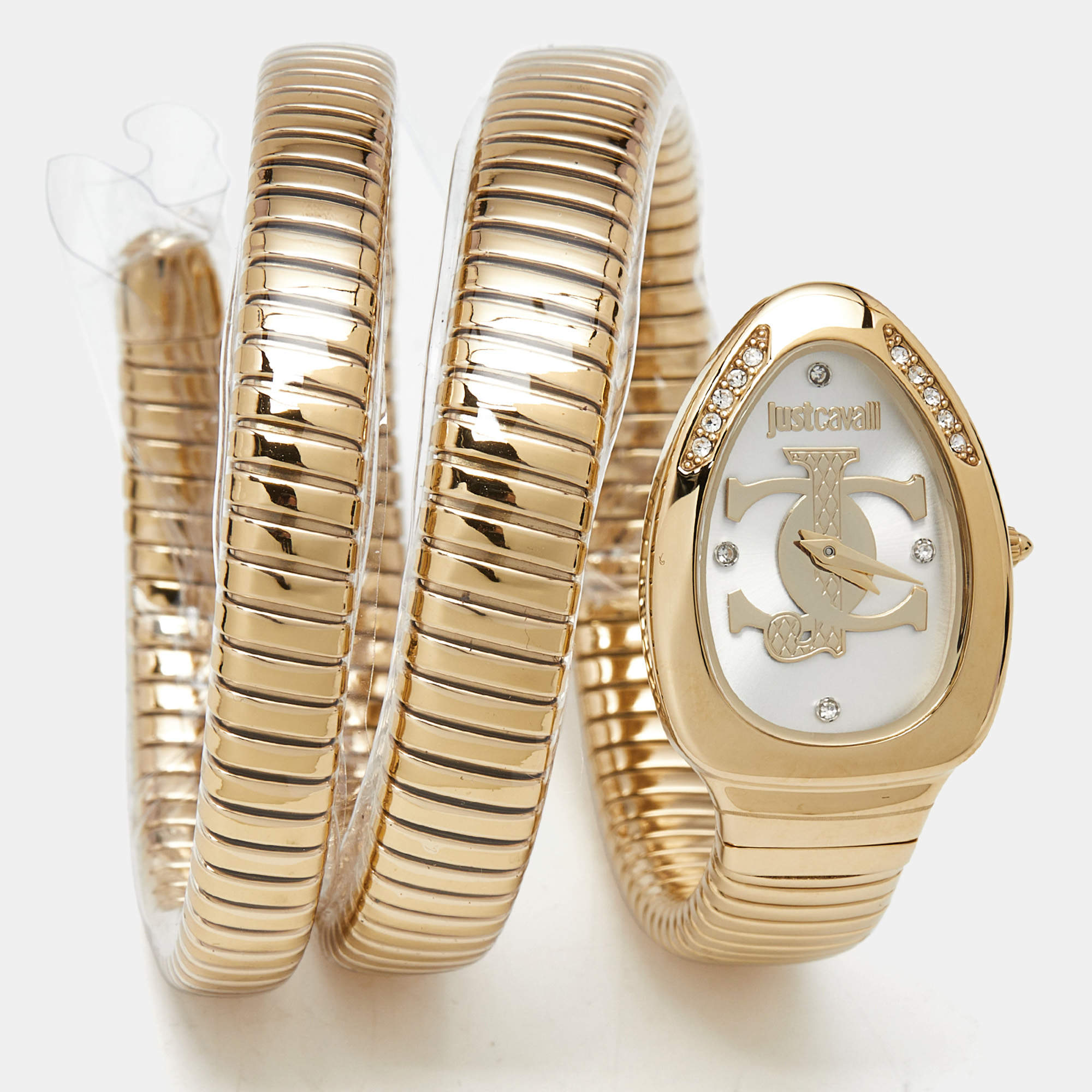 Pre Owned Just Cavalli Silver Dial Gold Tone Stainless Steel Snake JC1L228M0035 Women's Wristwatch 22 mm