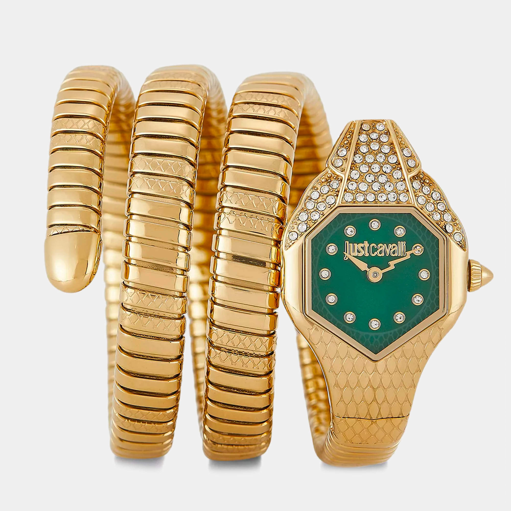 Pre Owned Just Cavalli Green Gold Plated Stainless Steel Crystal Embellished Signature Snake Glam Evo 7 JC1L193M0035 Women's Wristwatch 22 mm