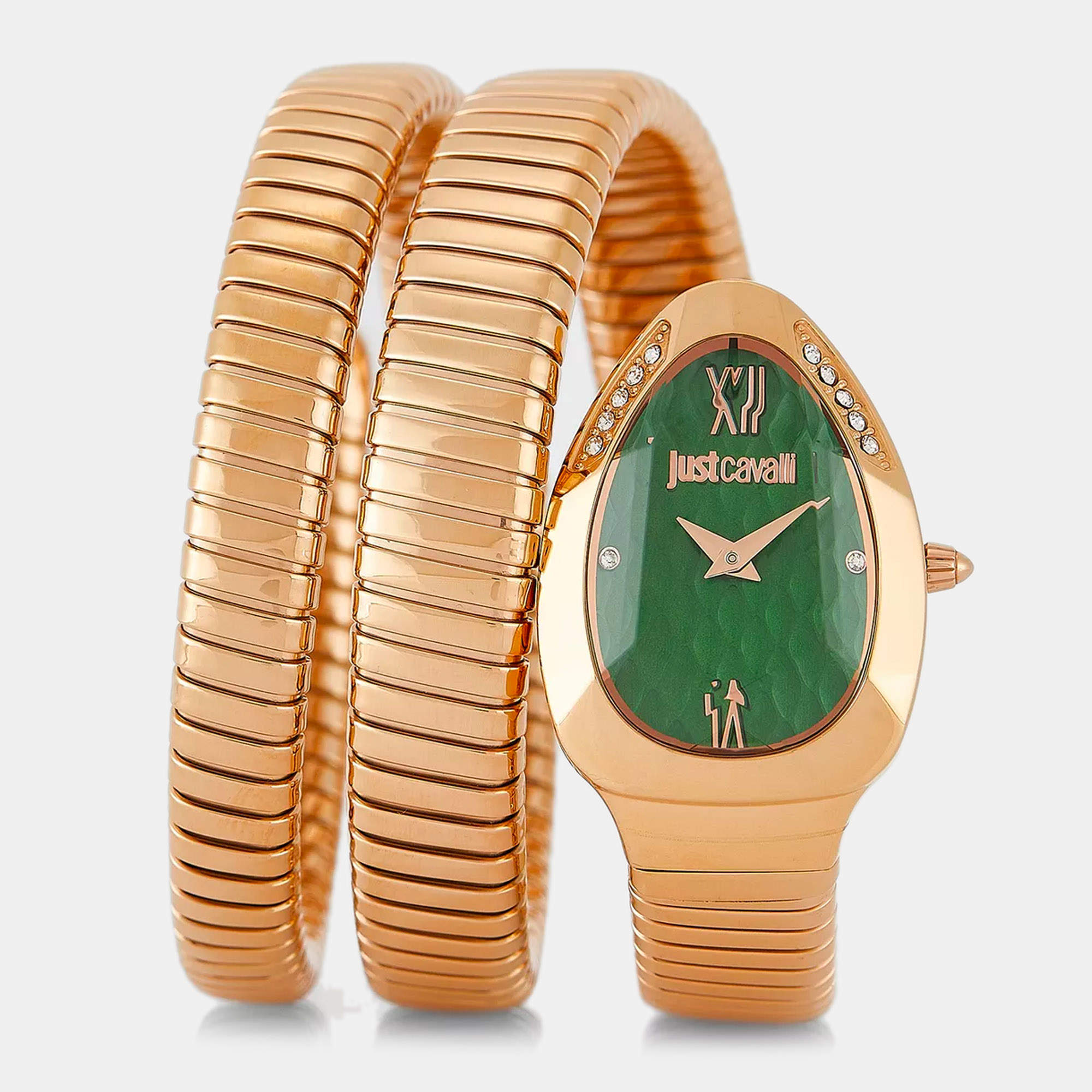 Pre Owned Just Cavalli Green Gold Plated Stainless Steel Crystal Embellished Signature Snake Glam Evo 9 JC1L224M0055 Women's Wristwatch 22 mm