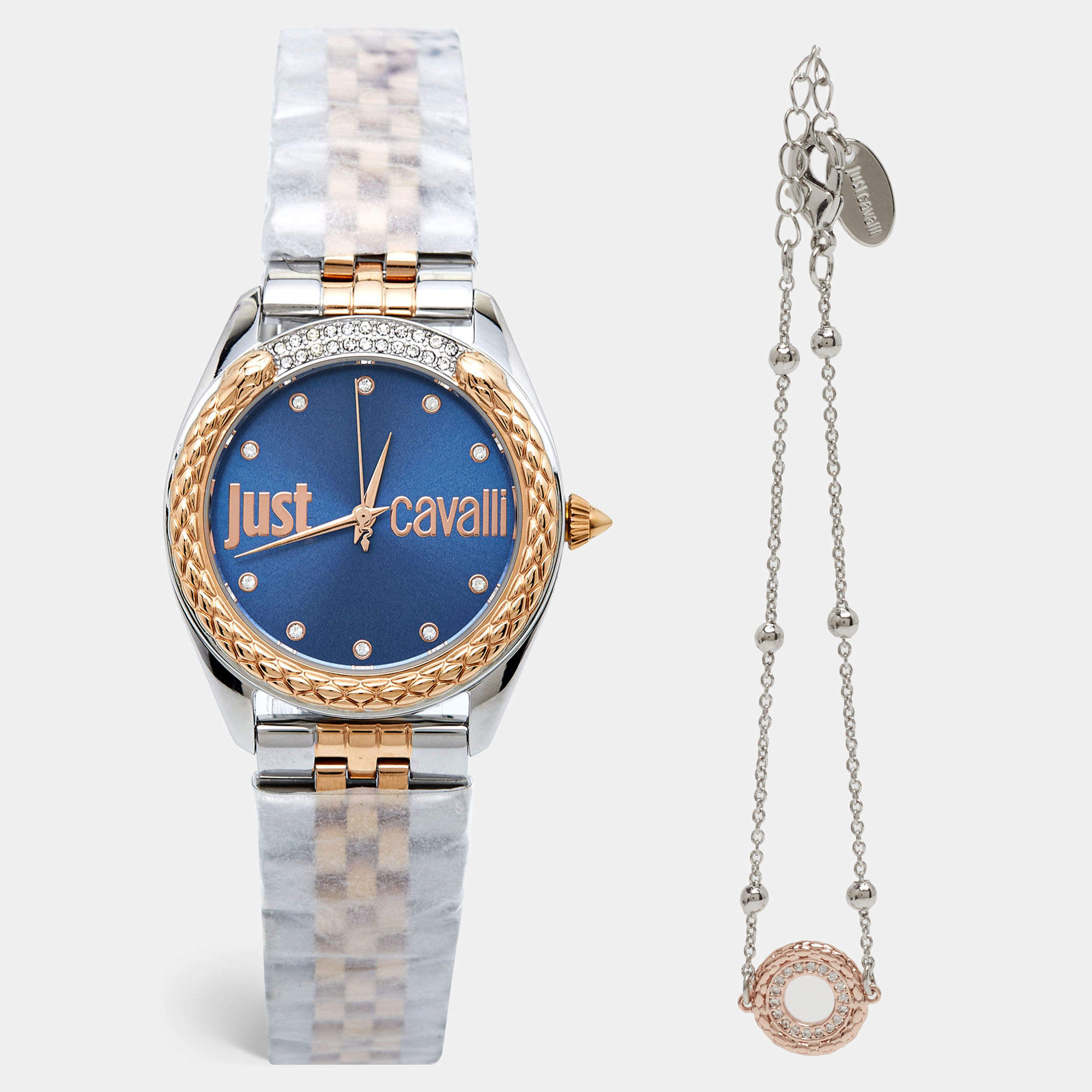 Just Cavalli Blue Two-Tone Stainless Steel Crystal Brillante JC1L195M0125 Women's Wristwatch 34 mm