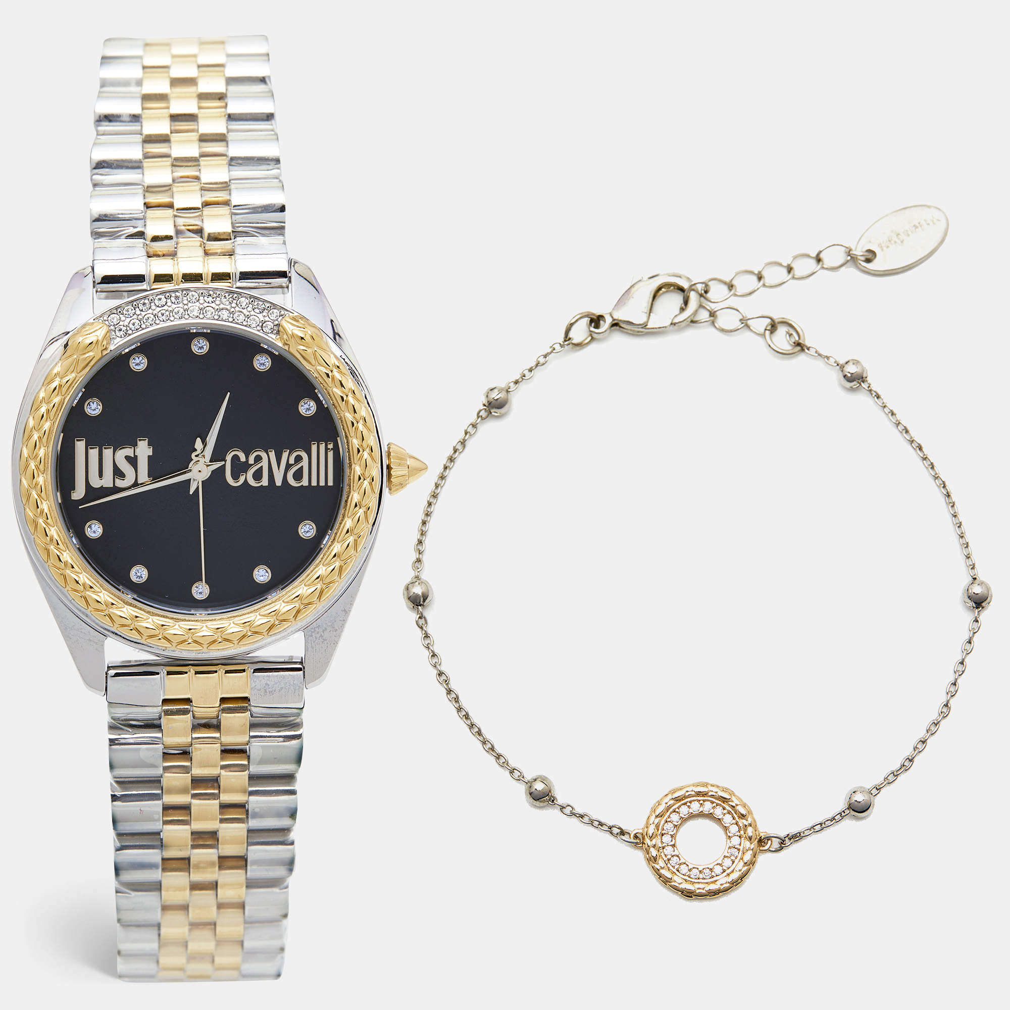 Pre Owned Just Cavalli Black Tw0-Tone Stainless Steel Crystal Brillante JC1L195M0105 Women's Wristwatch 34 mm