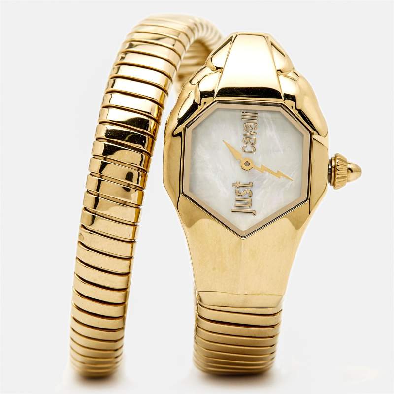 مملوكة مسبقًا Just Cavalli Mother Of Pearl Yellow Gold Plated Stainless Steel Serpent JC1L001M0026 Women's Wristwatch 22 mm