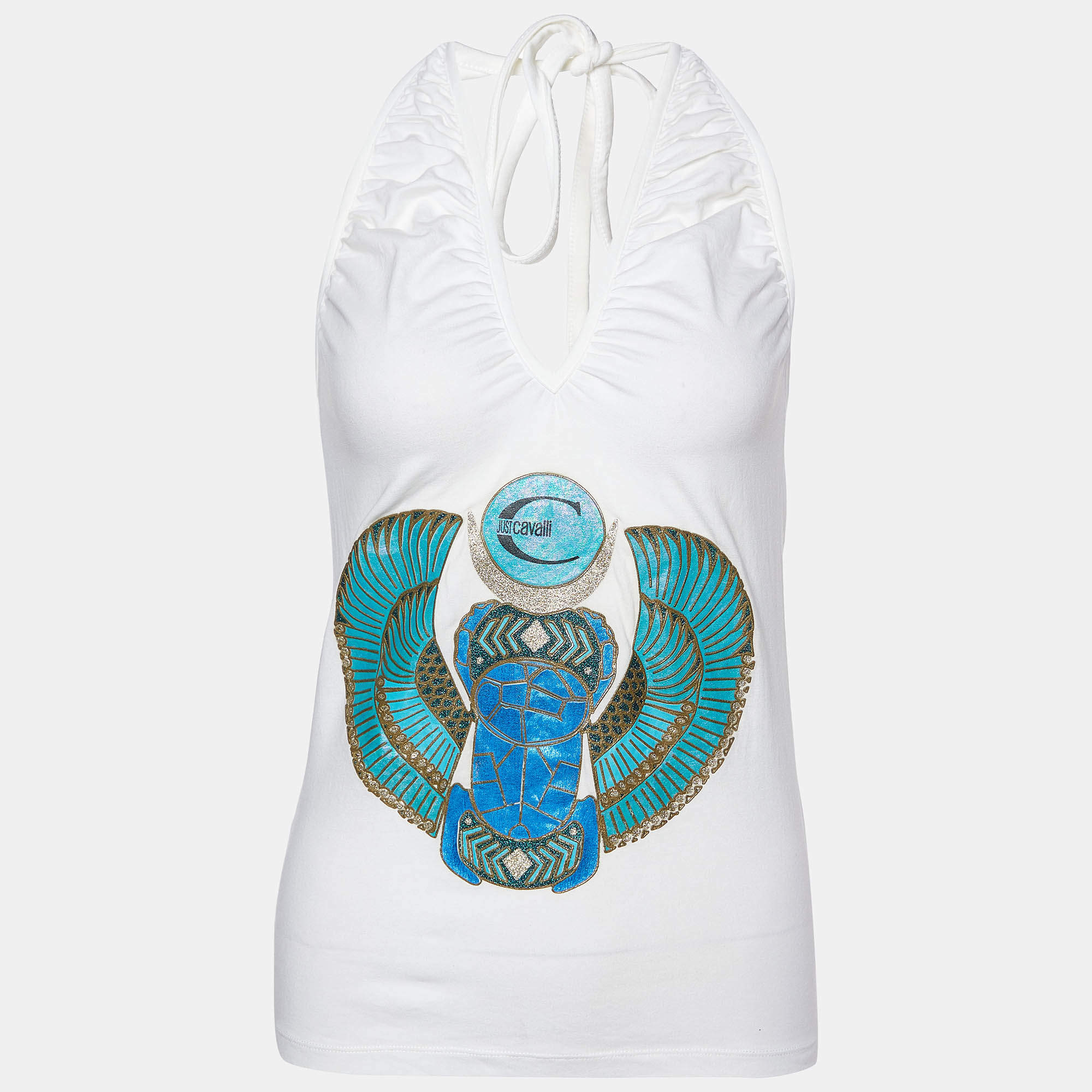 Pre Owned Just Cavalli White Printed Cotton Halter Neck Top M