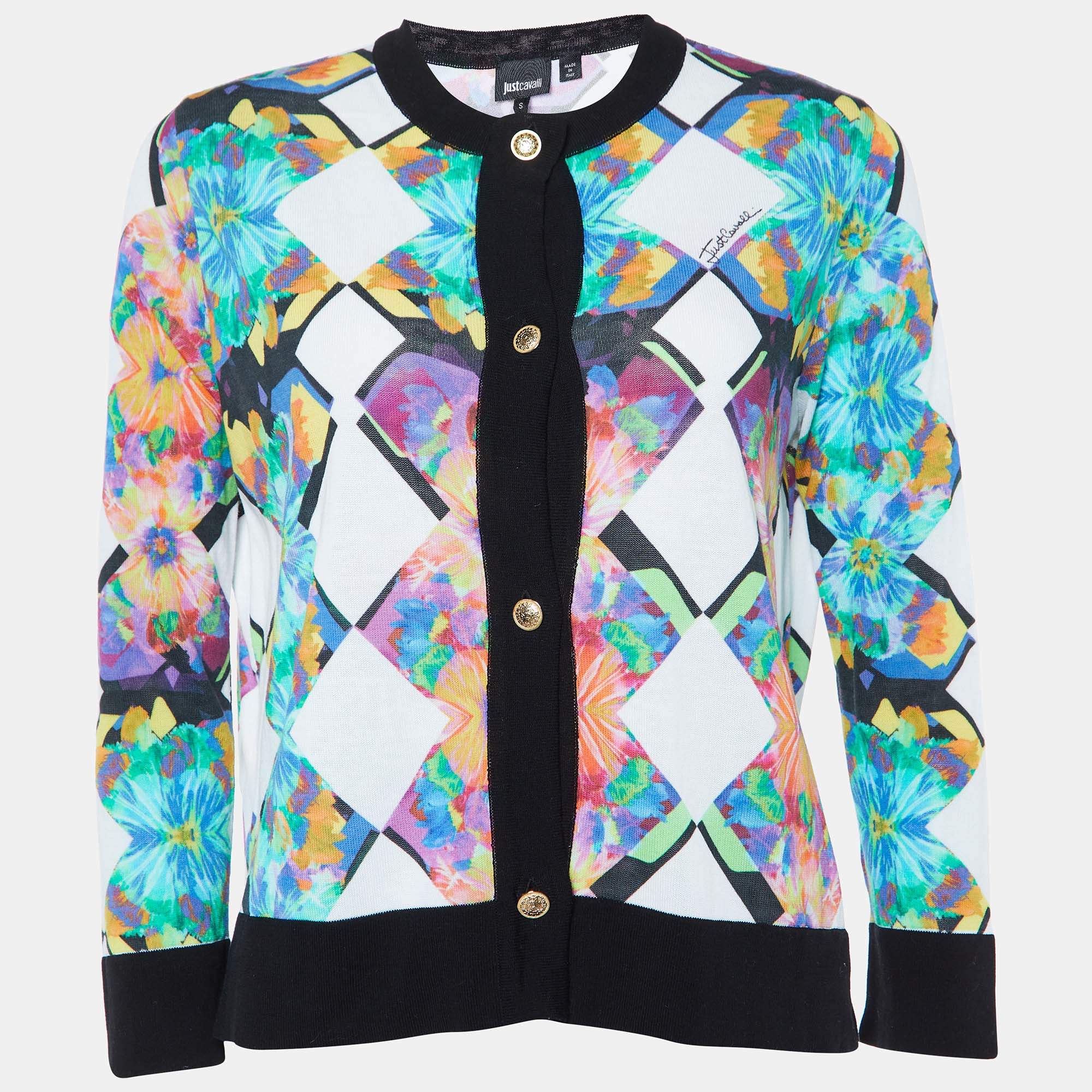 Pre Owned Just Cavalli Multicolor Printed Cotton Knit Cardigan S