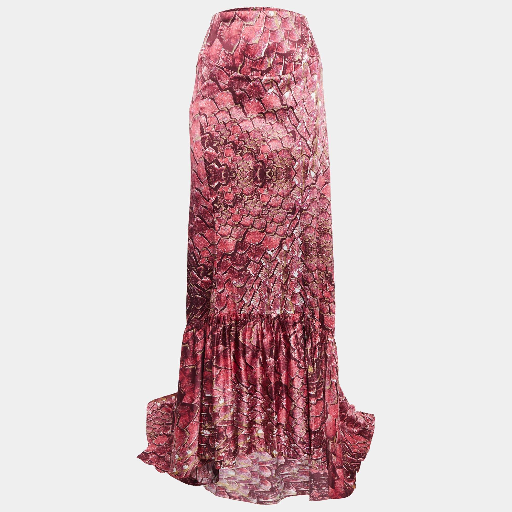 Just Cavalli Pink Abstract Print Satin Pleated Maxi Skirt M