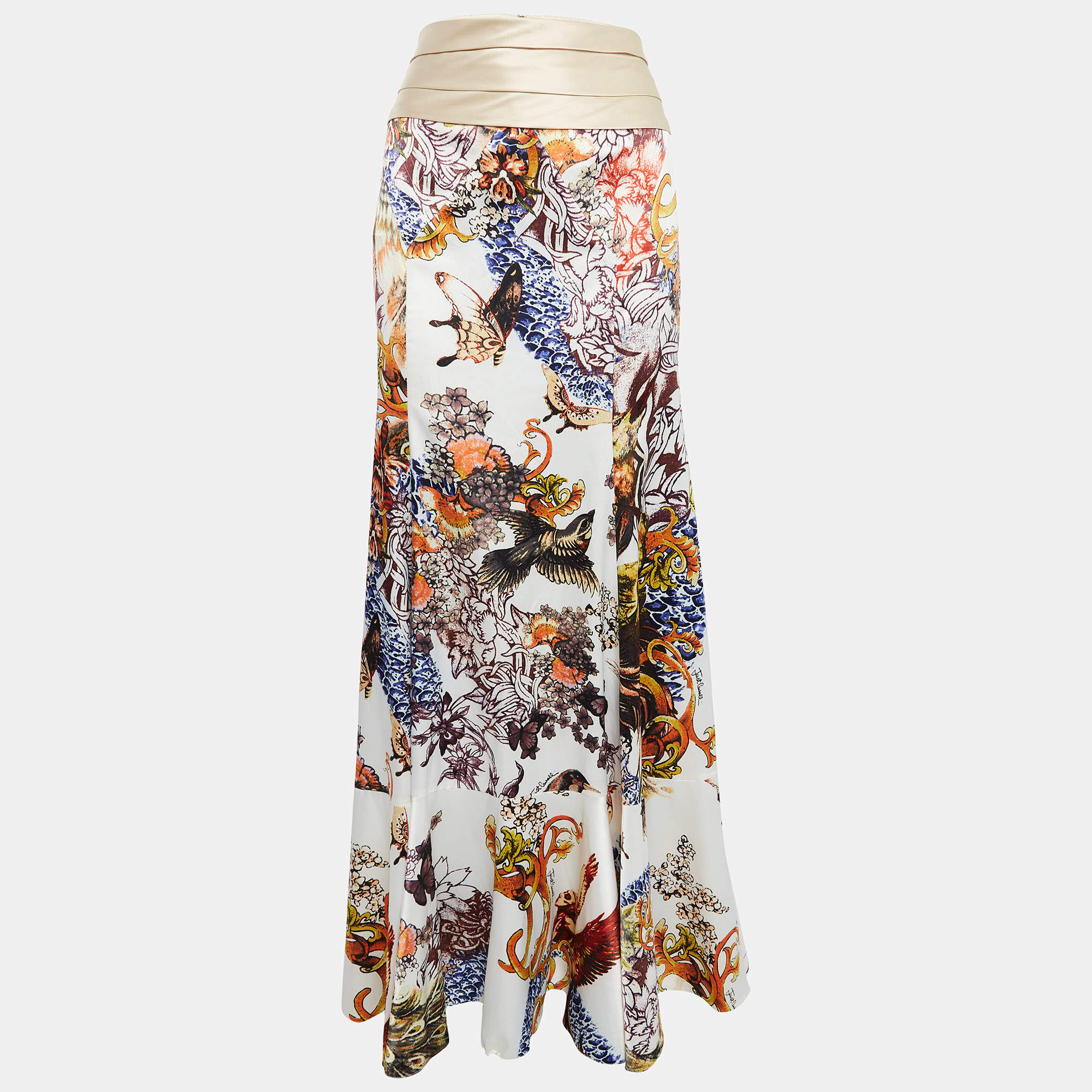 Pre Owned Just Cavalli Cream Floral Print Satin Flared Maxi Skirt L