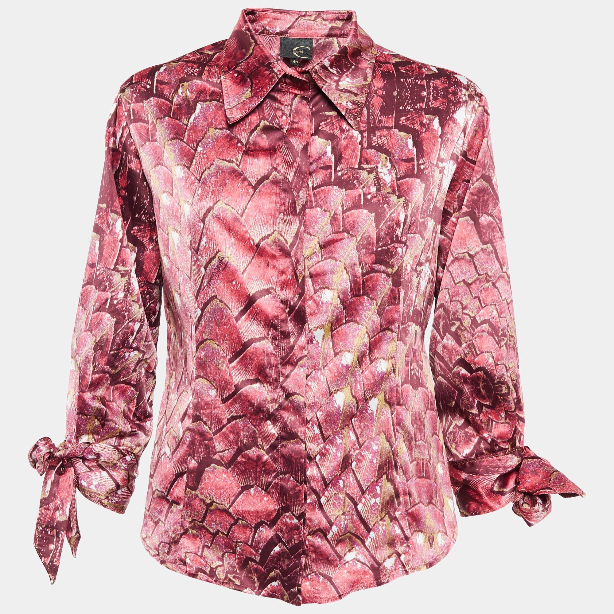 Pre Owned Just Cavalli Pink Abstract Print Satin Tie-up Sleeve Shirt L