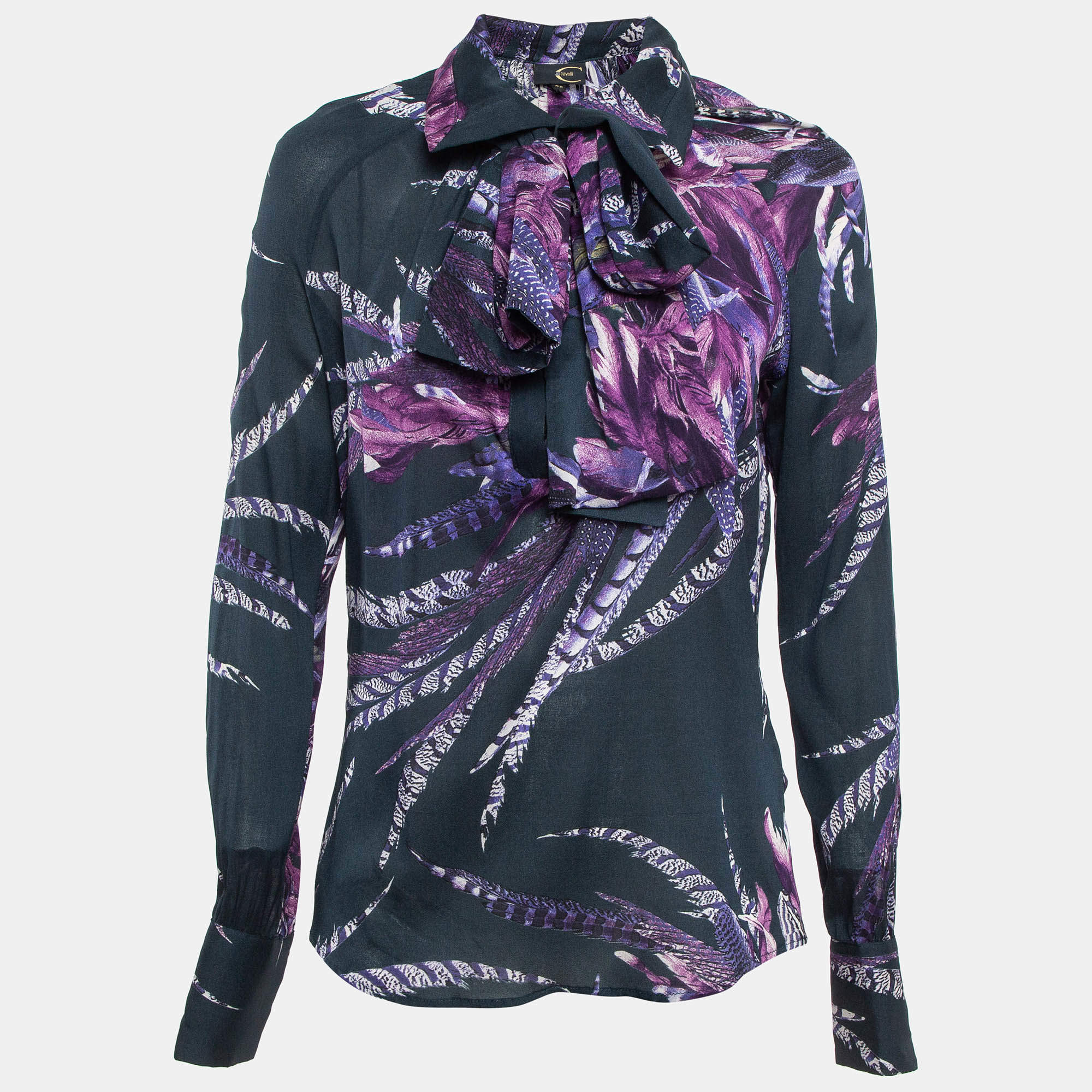 Pre Owned Just Cavalli Navy Blue Feather Printed Silk Neck-Tie Top M