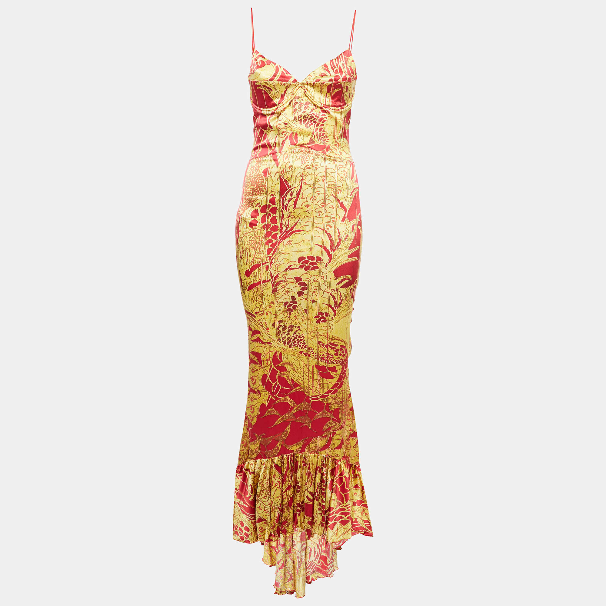 Just Cavalli Yellow/Red Print Satin Sleeveless Gown M