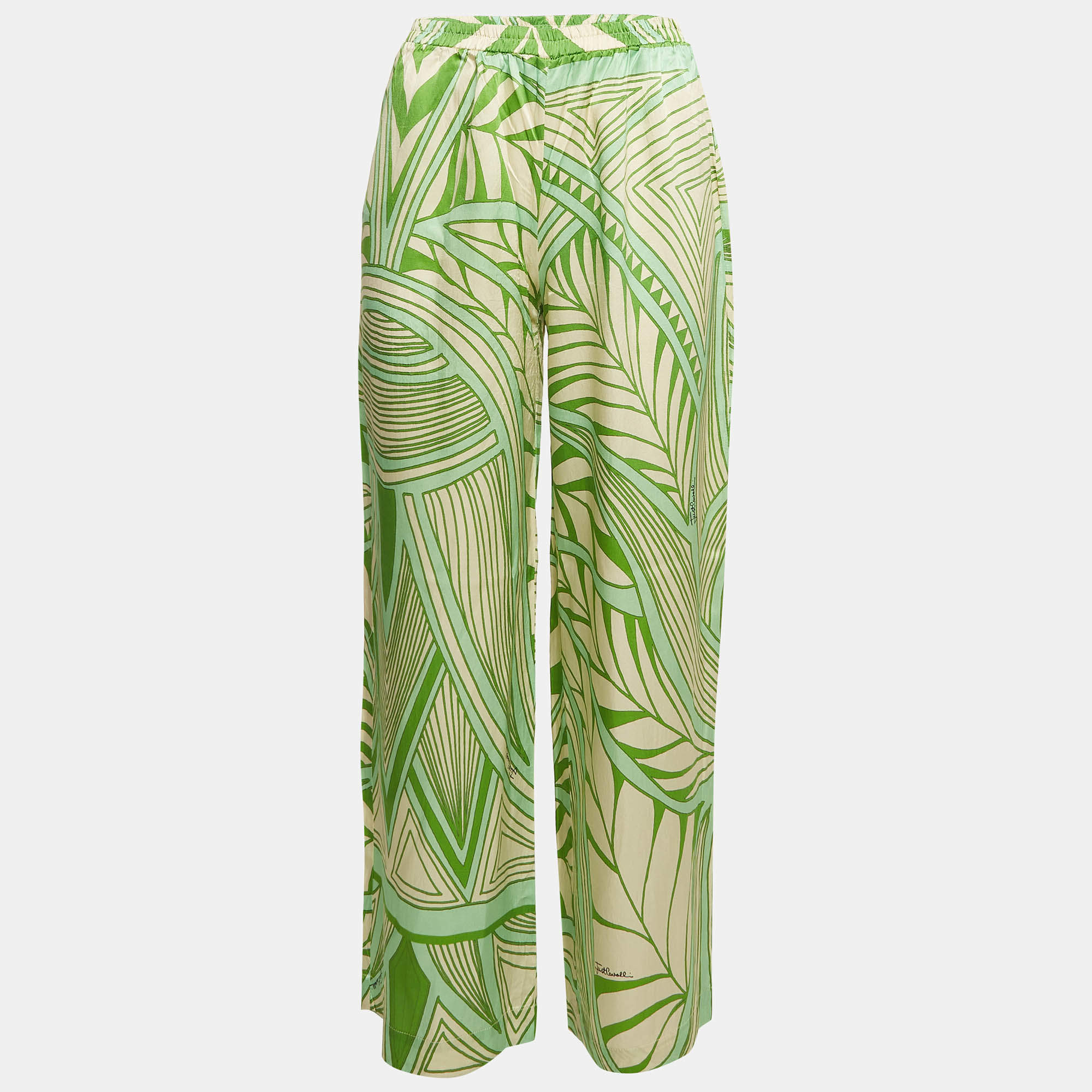 Pre Owned Just Cavalli Green Printed Silk Wide-Leg Pants M