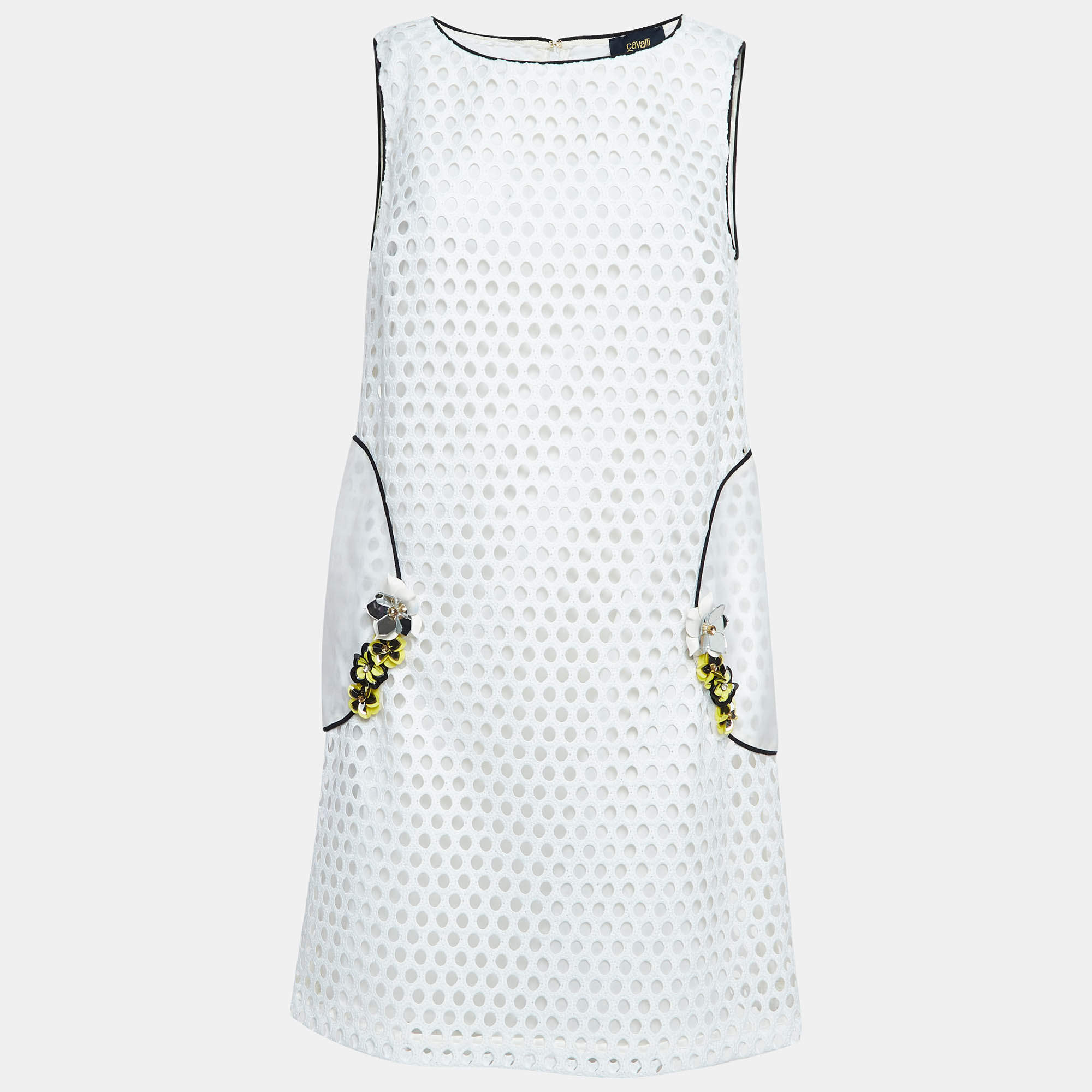 Pre Owned Just Cavalli White Floral Embellished Lace Sleeveless Shift Dress L