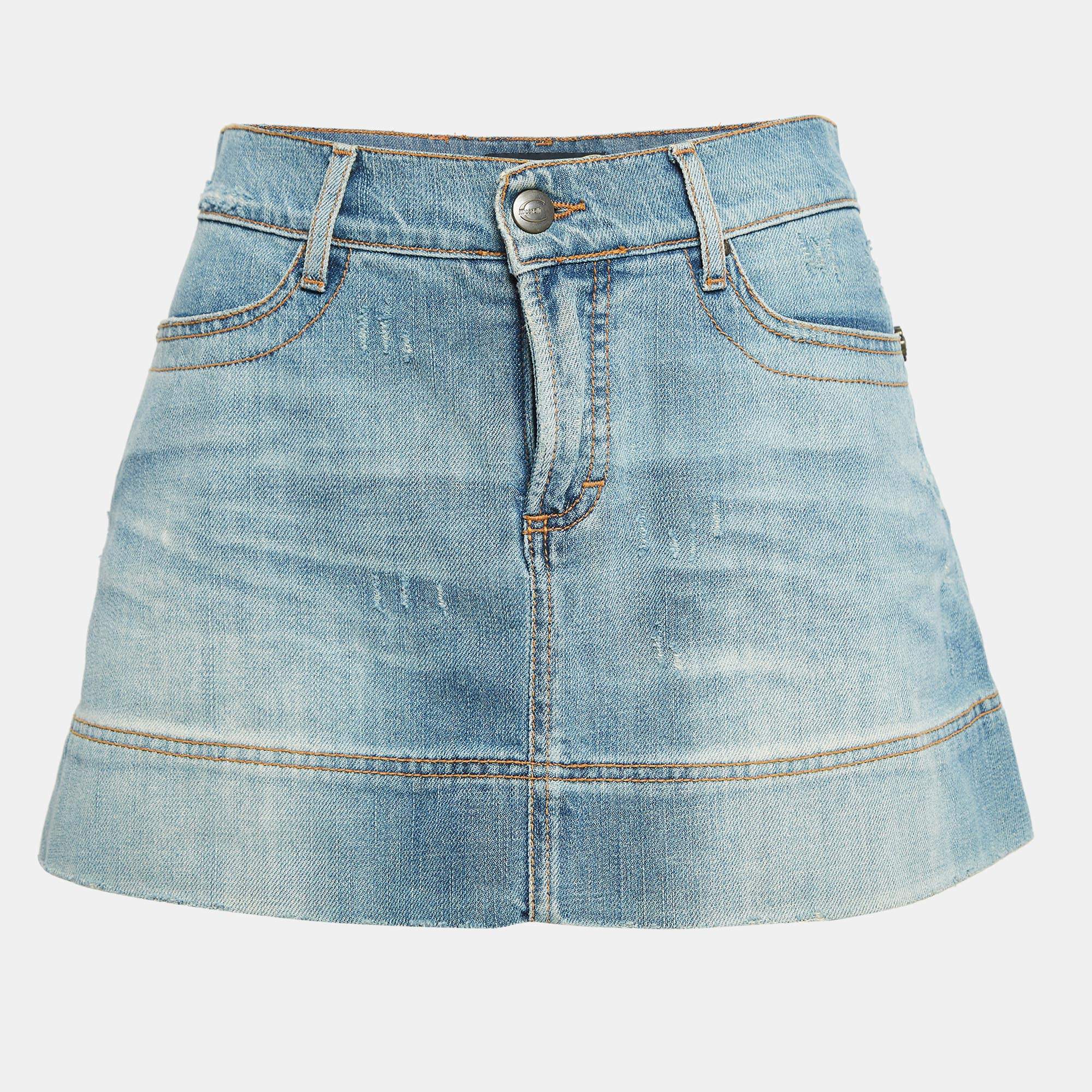 Just Cavalli Blue Embroidered Denim Mini Skirt M