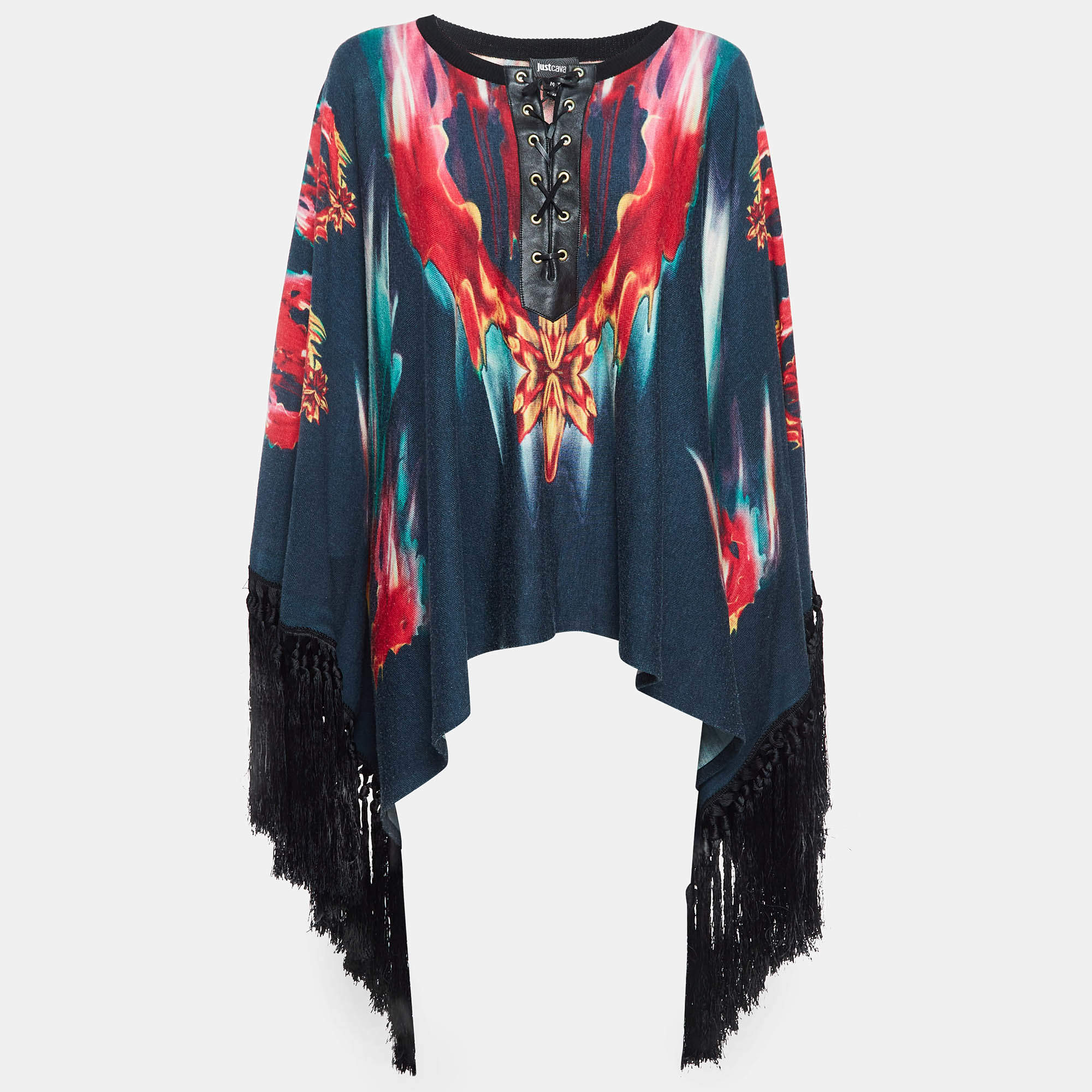 Pre Owned Just Cavalli Navy Blue Printed Knit Fringed Lace-Up Poncho Top M