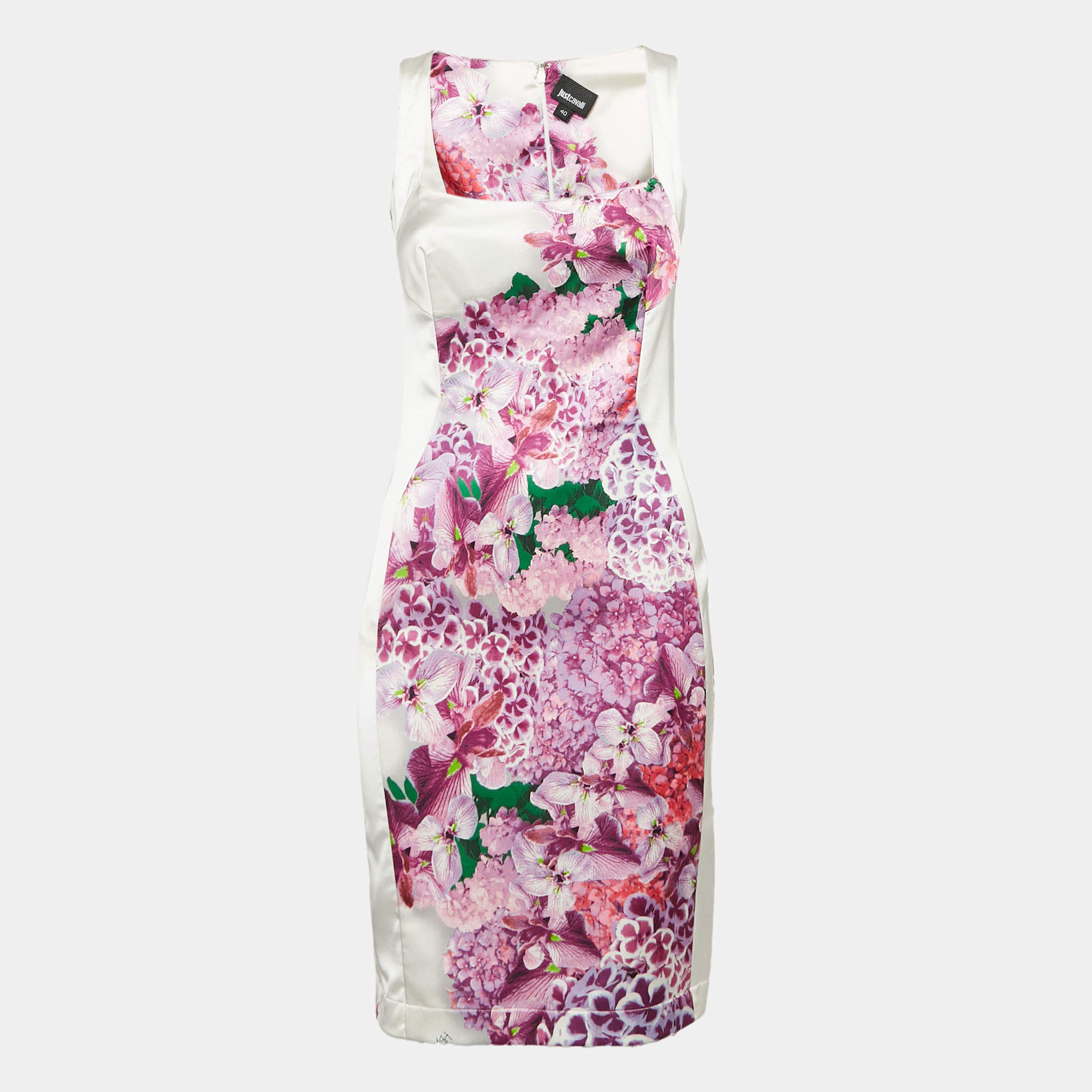 مملوكة مسبقًا Just Cavalli Pink Floral Print Satin Sheath Dress S
