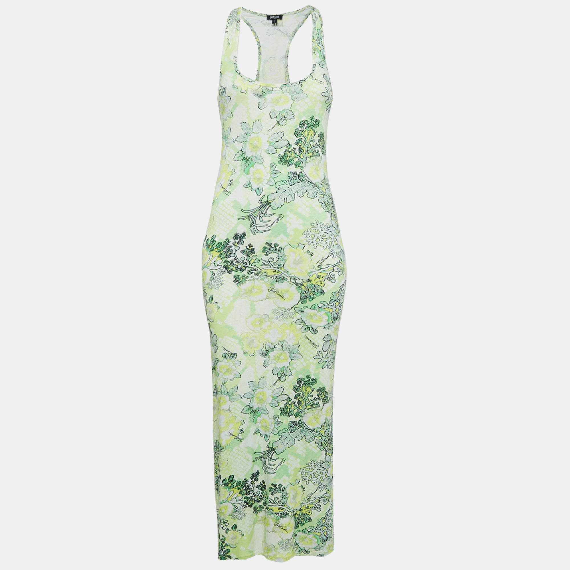 Pre Owned Just Cavalli Beachwear Green Printed Jersey Sleeveless Midi Dress XS