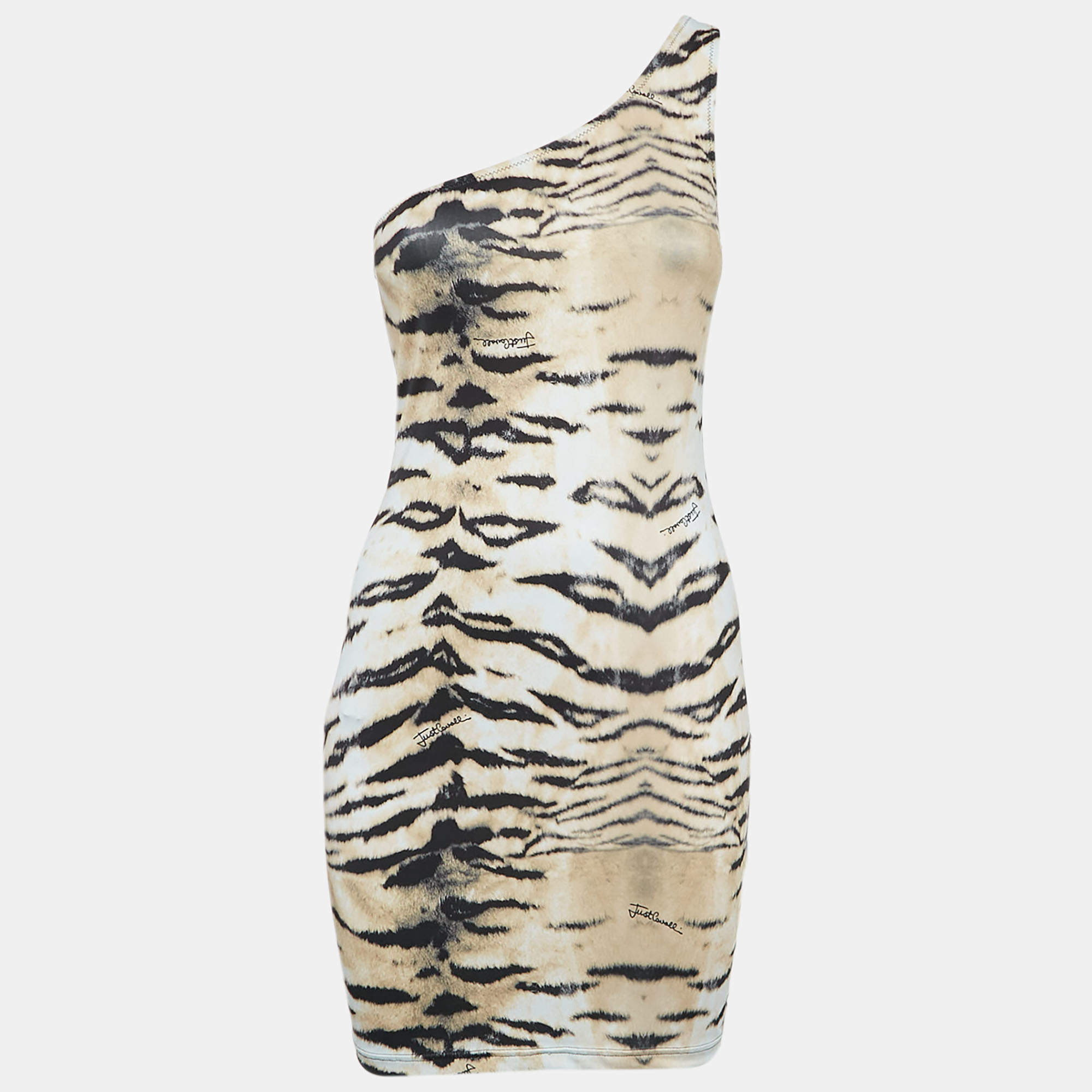 مملوكة مسبقًا Just Cavalli Beachwear Beige Tiger Print Jersey One Shoulder Mini Dress S