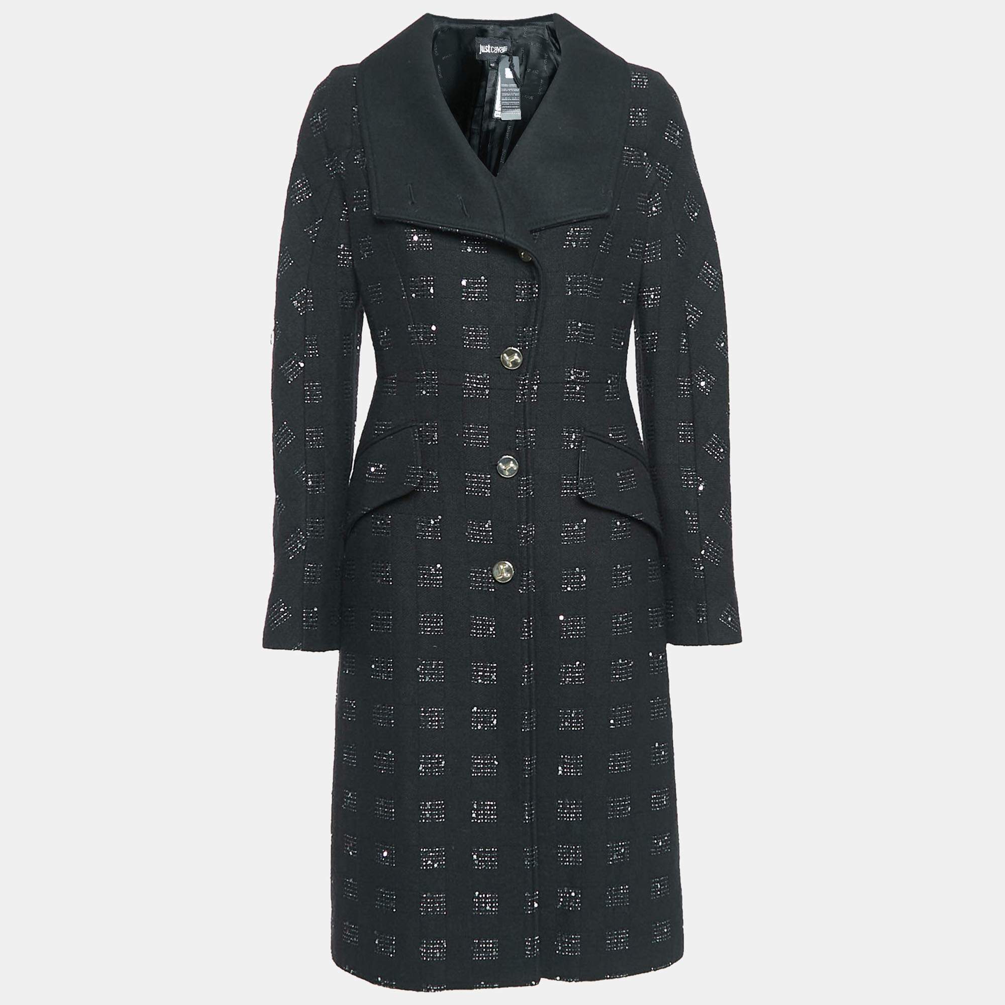 Just Cavalli Black Embellished Wool Blend Long Coat S