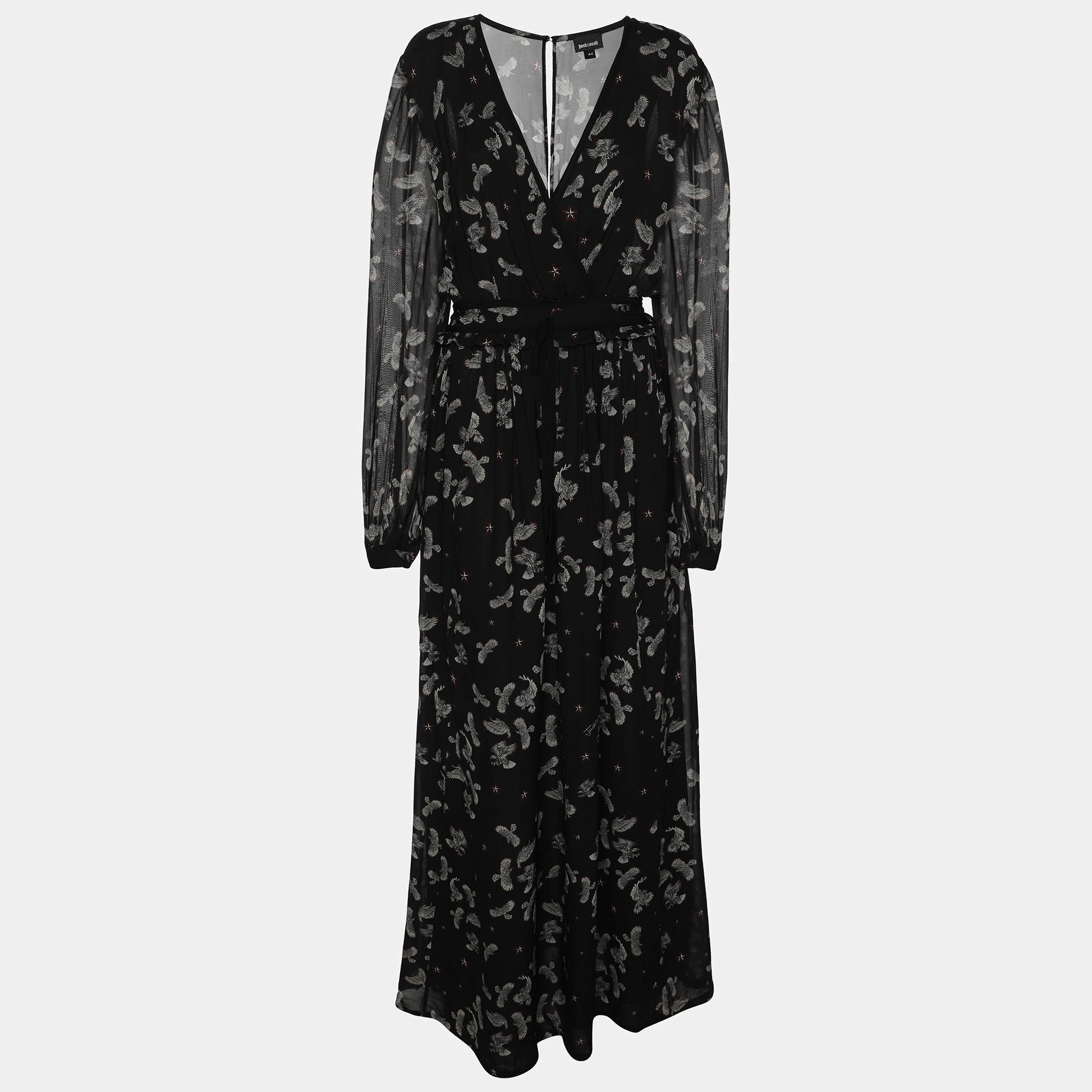 Pre Owned Just Cavalli Black Combat Eagle Printed Viscose Maxi Dress M