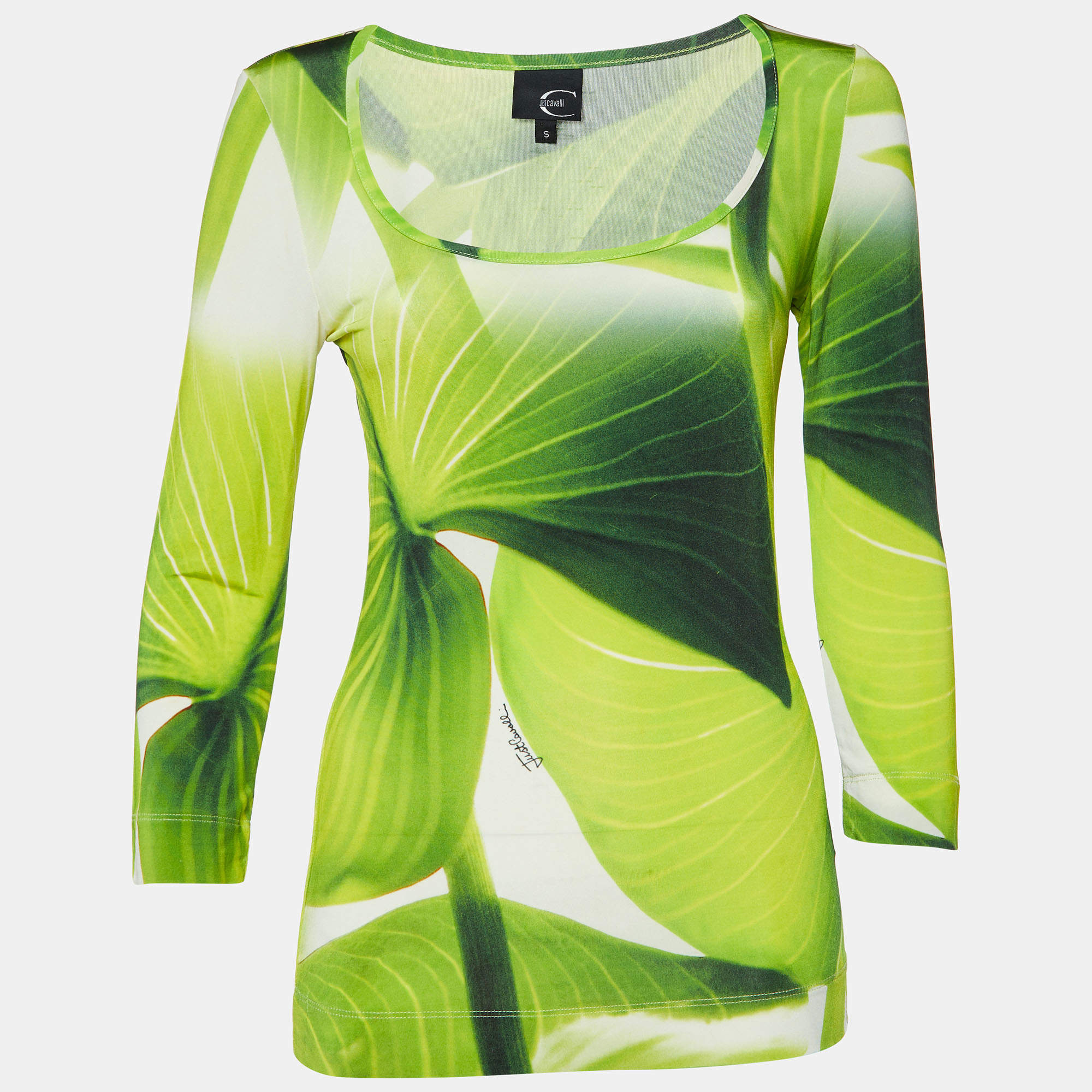 Just Cavalli Green Leaf Print Jersey Scoop Neck Top S