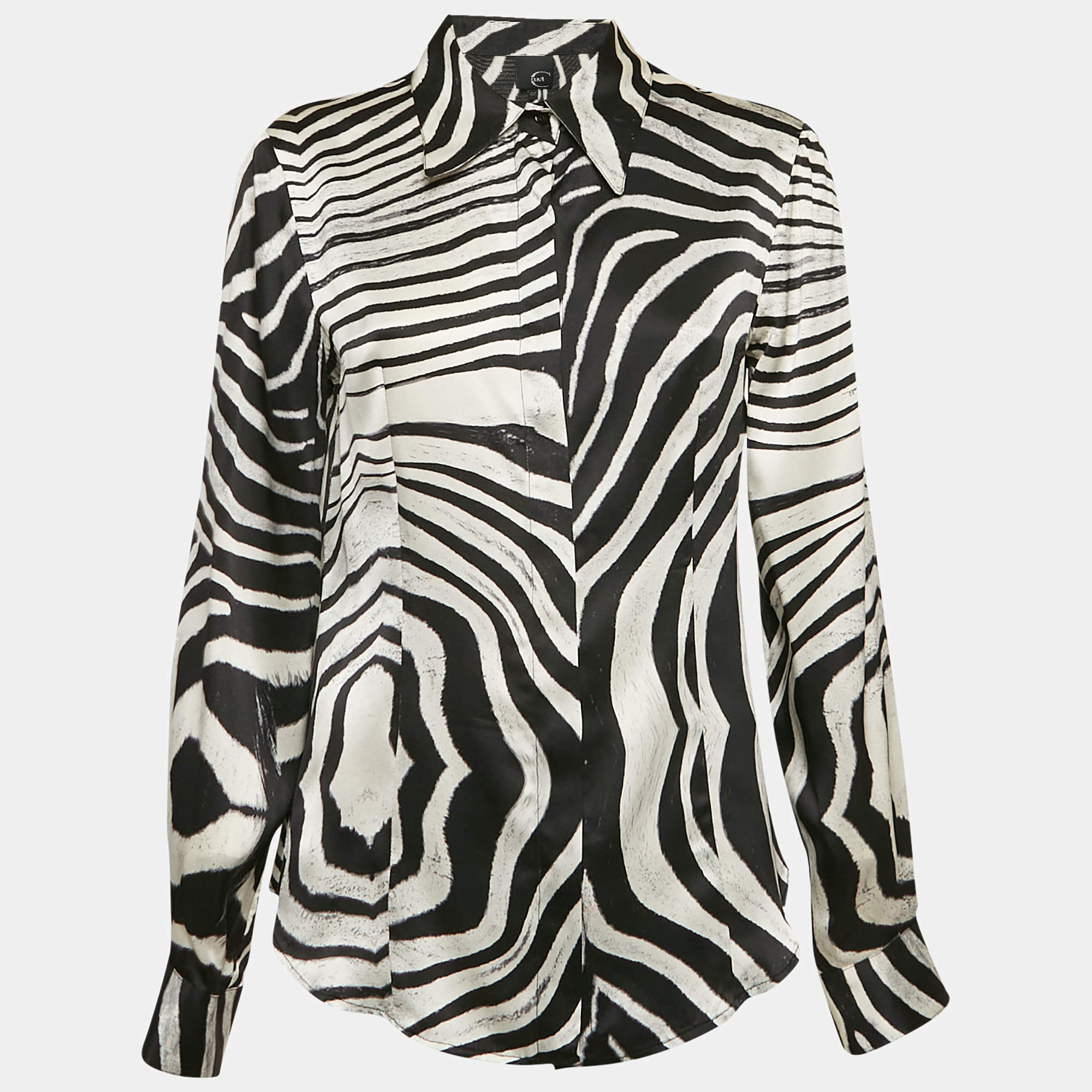 Pre Owned Just Cavalli Black/White Zebra Print Satin Silk Shirt M