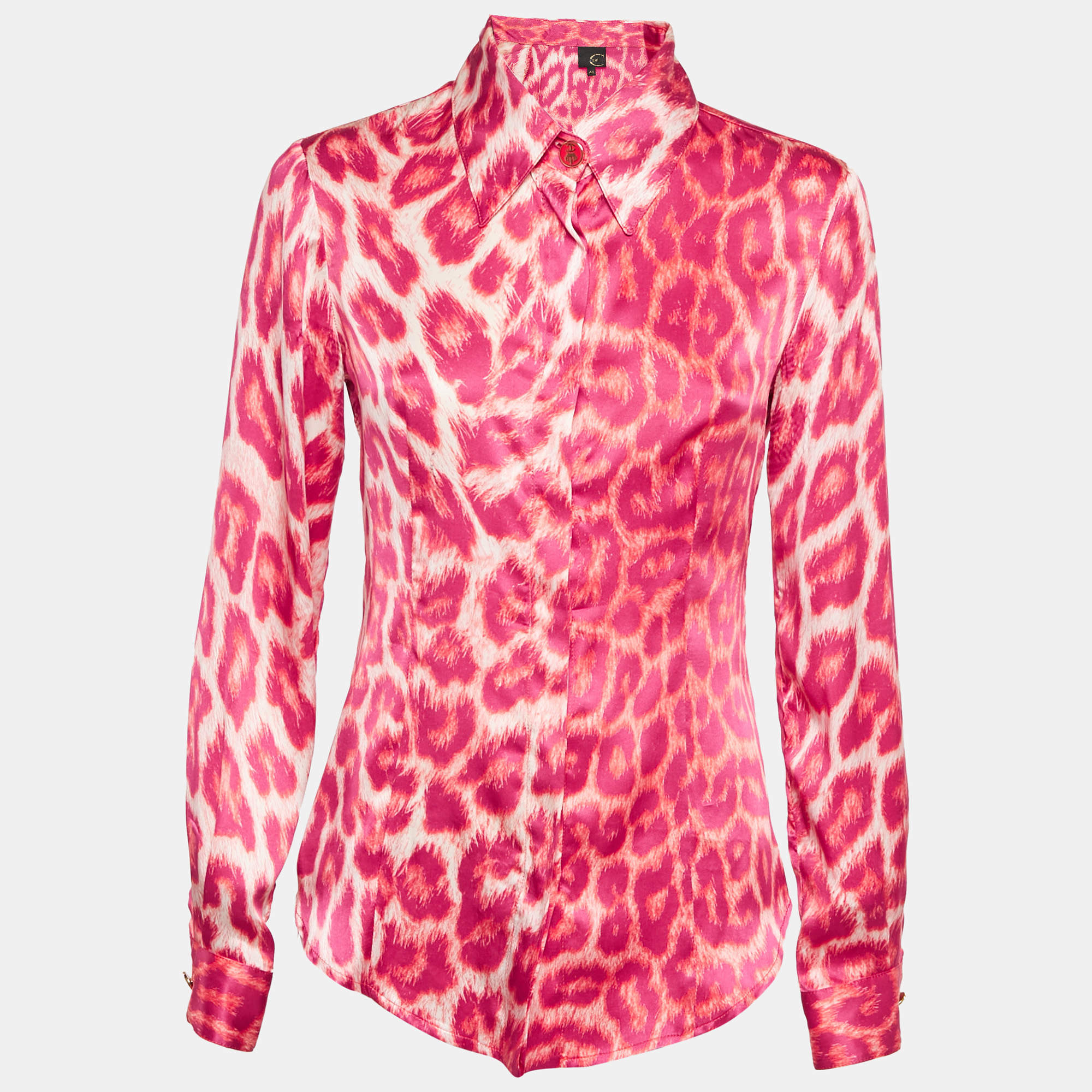 Pre Owned Just Cavalli Pink Leopard Print Satin Long Sleeve Shirt M