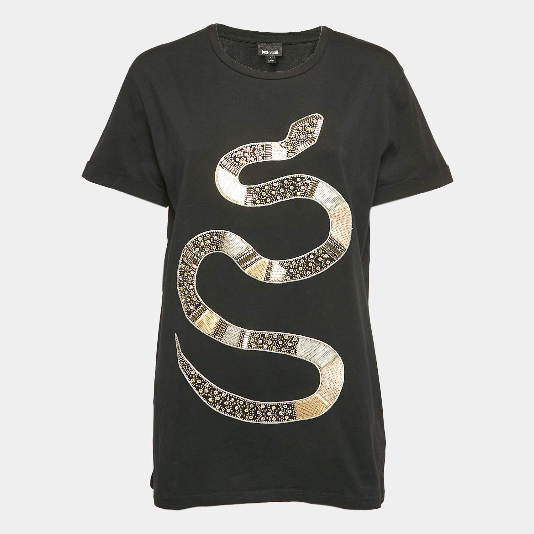 Pre Owned Just Cavalli Black Snake Motif Embellished Jersey T-Shirt L
