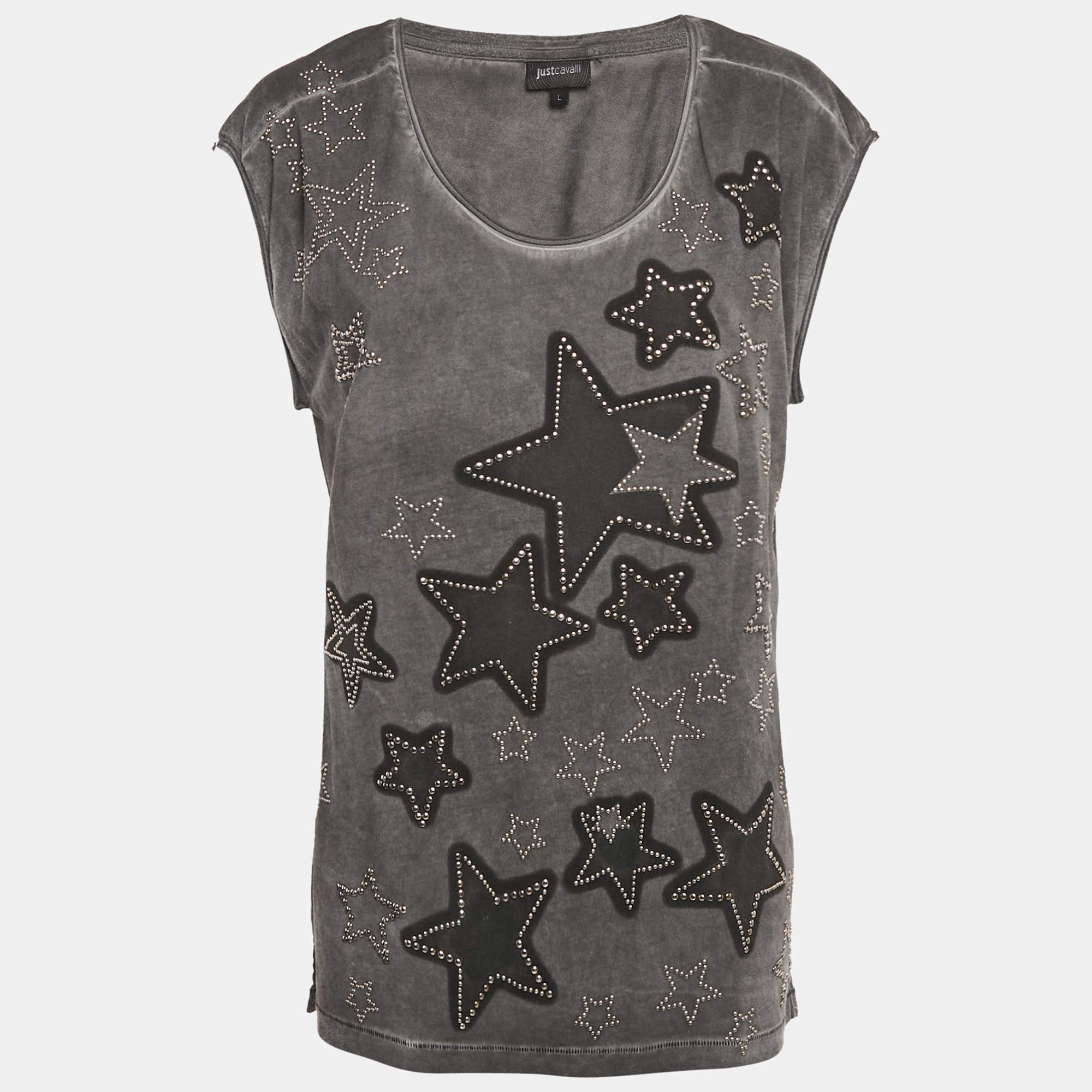 Pre Owned Just Cavalli Grey Star Studded Cotton Sleeveless T-Shirt L
