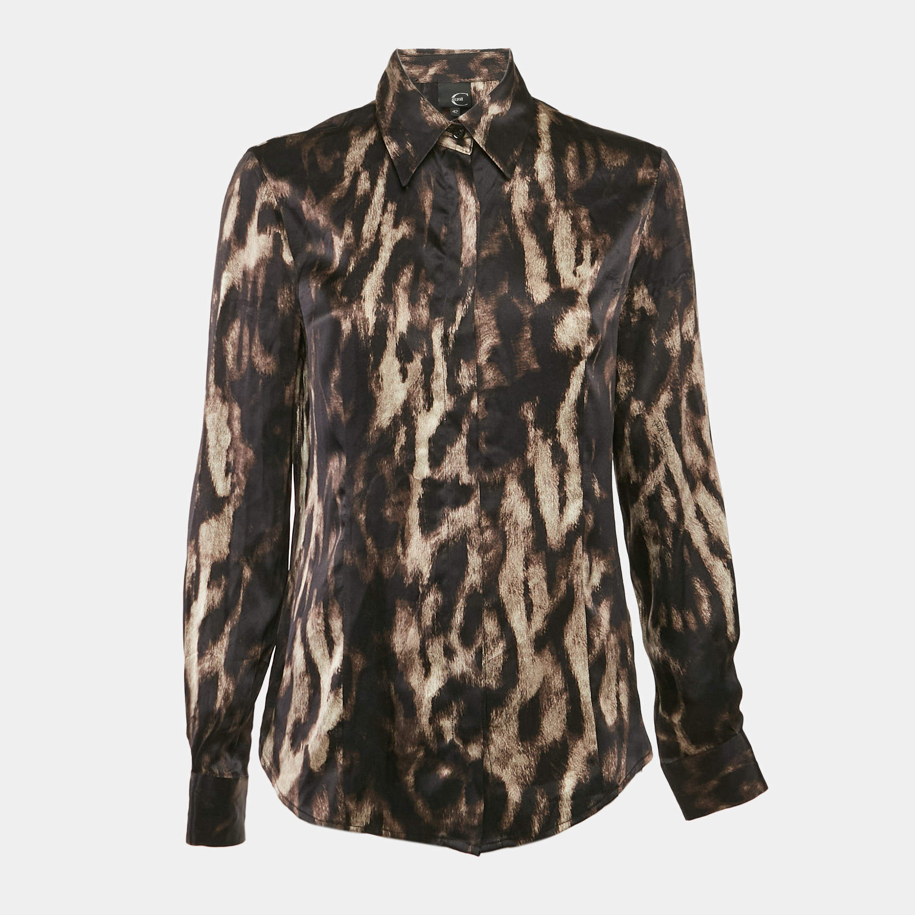 Just Cavalli Multicolor/Brown Animal Print Satin Silk Button Front Shirt M