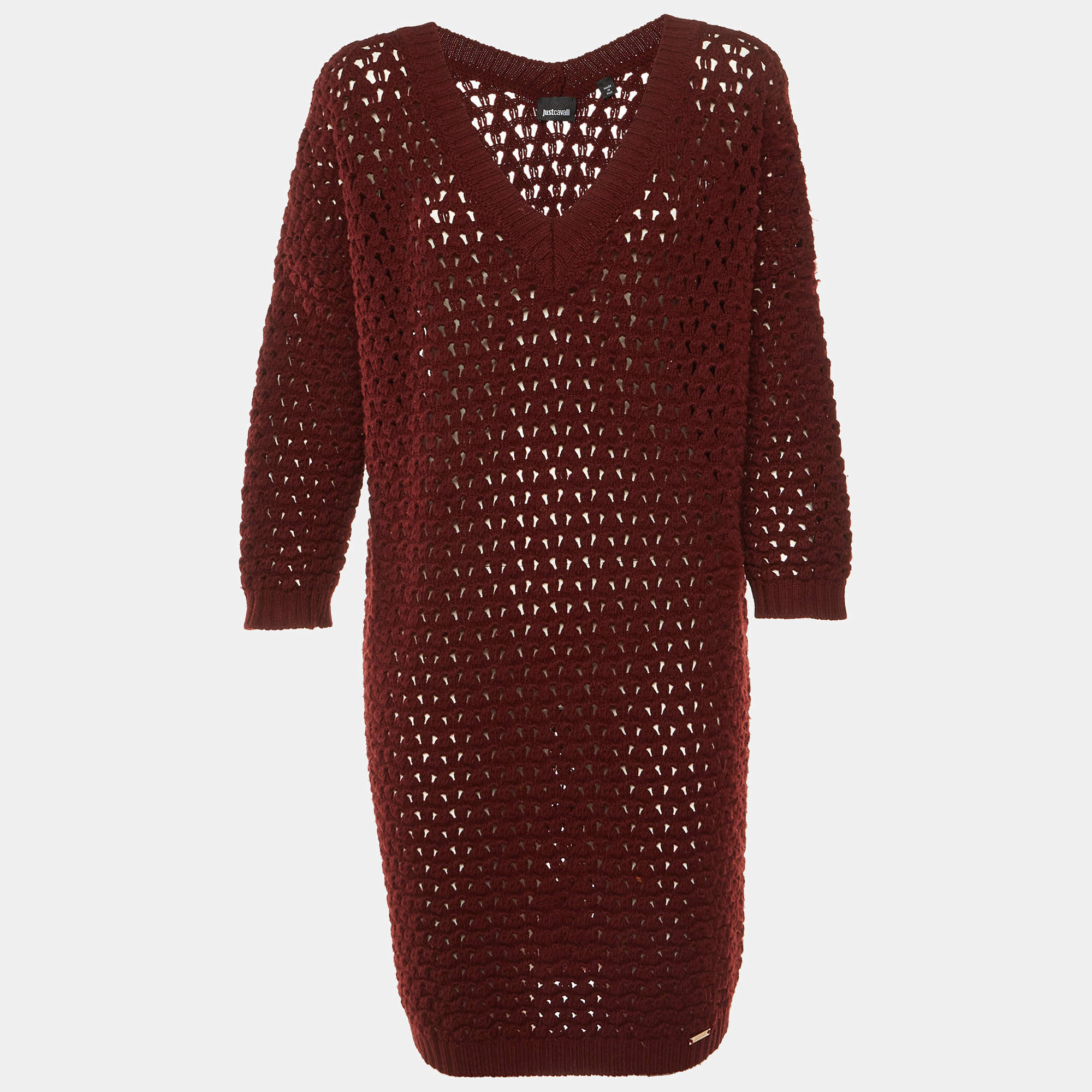 Pre Owned Just Cavalli Burgundy Chunky Wool Knit Mini Dress XL
