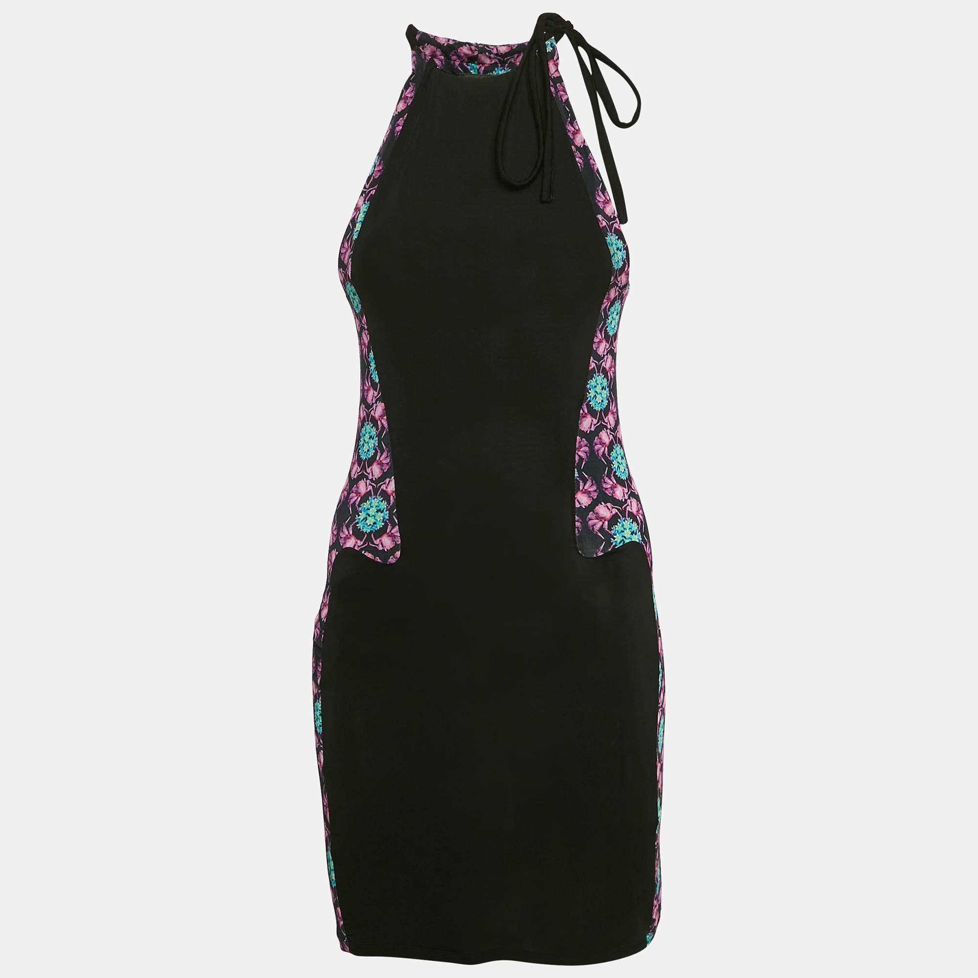 Pre Owned Just Cavalli Black/Multicolor Printed Jersey Halter Neck Midi Dress S