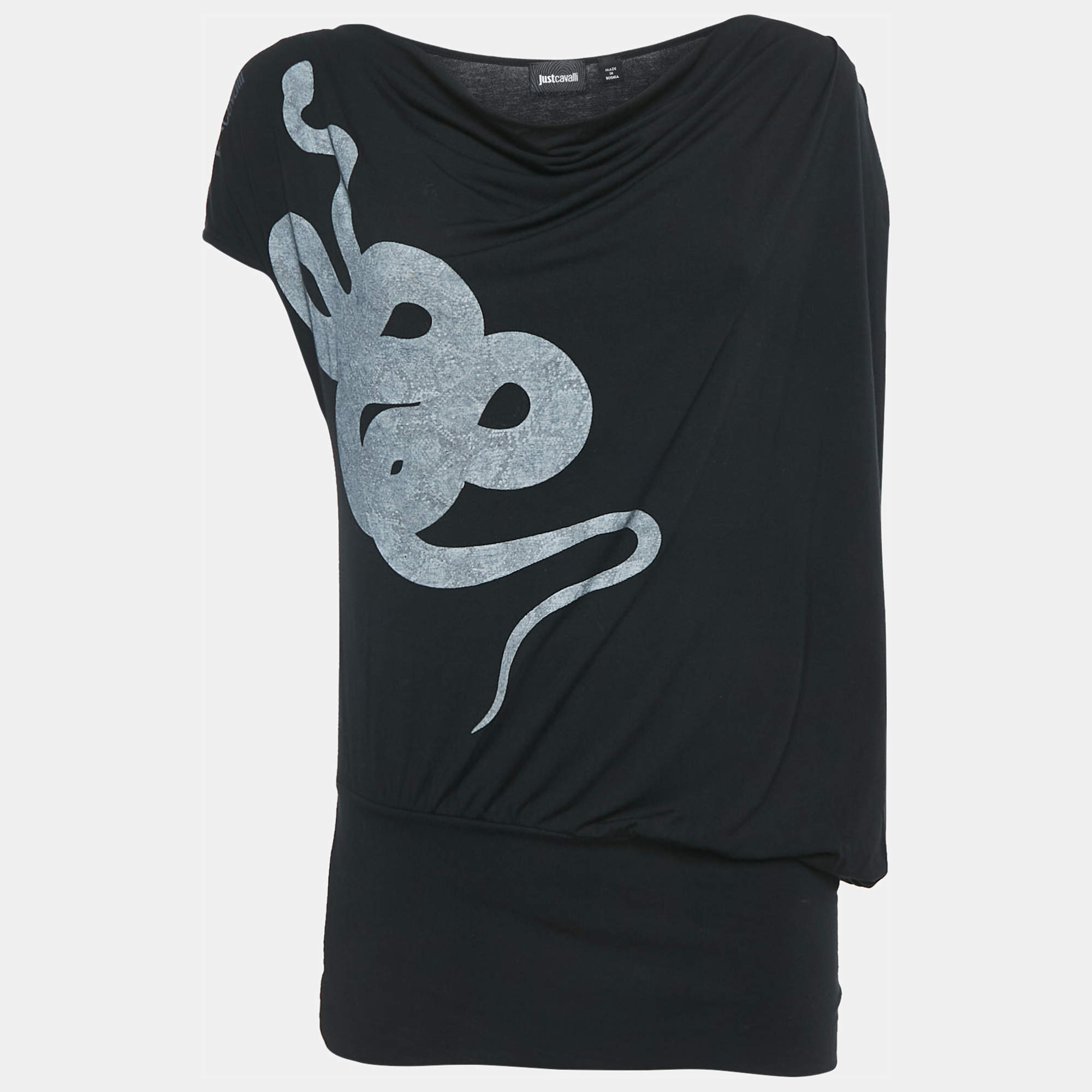 Pre Owned Just Cavalli Black Logo Print Modal Knit Draped Sleeveless Top M