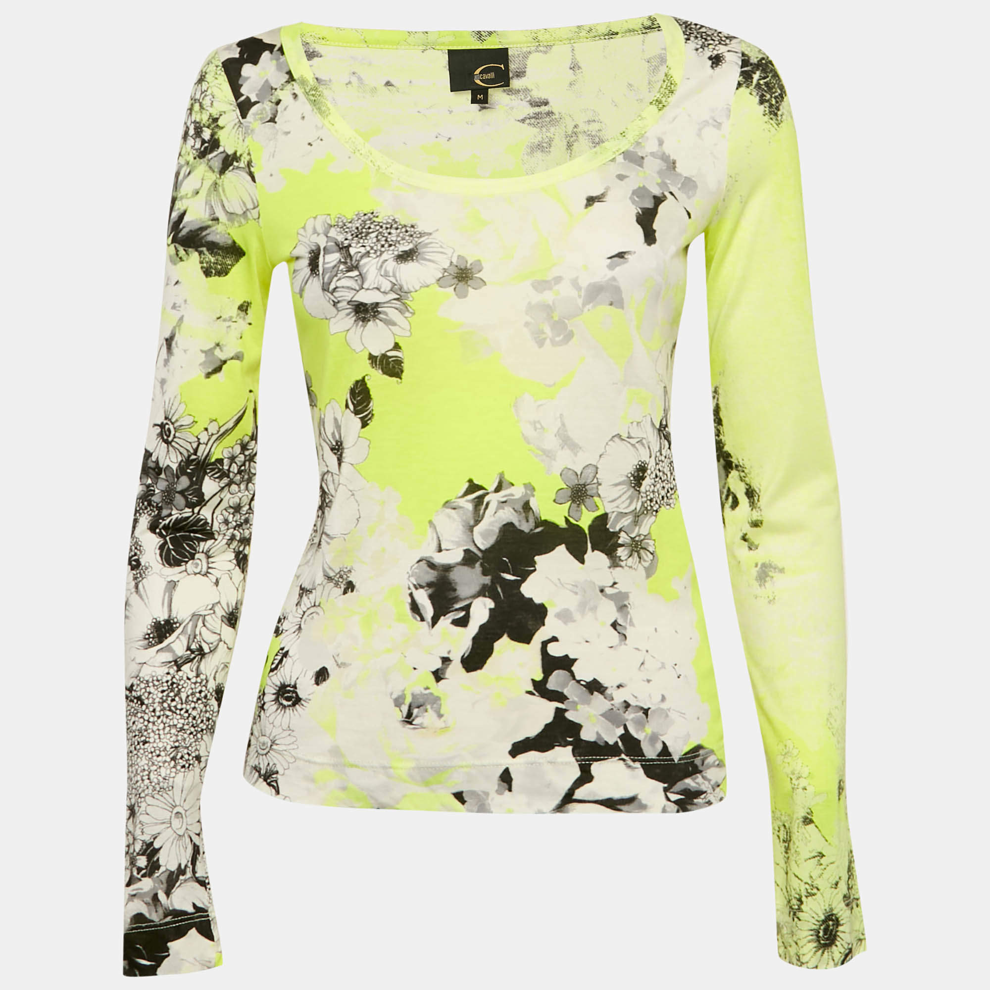 Just Cavalli Fluorescent Yellow Floral Print Cotton Knit Long Sleeve Top M