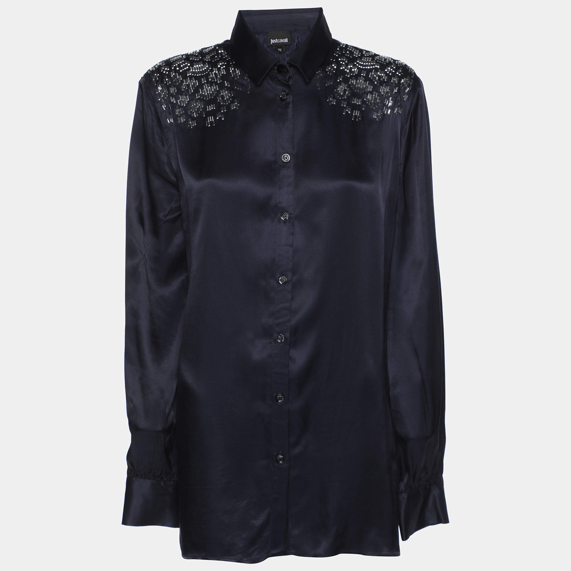 Just Cavalli Navy Blue Viscose Embellished Button Front Shirt M