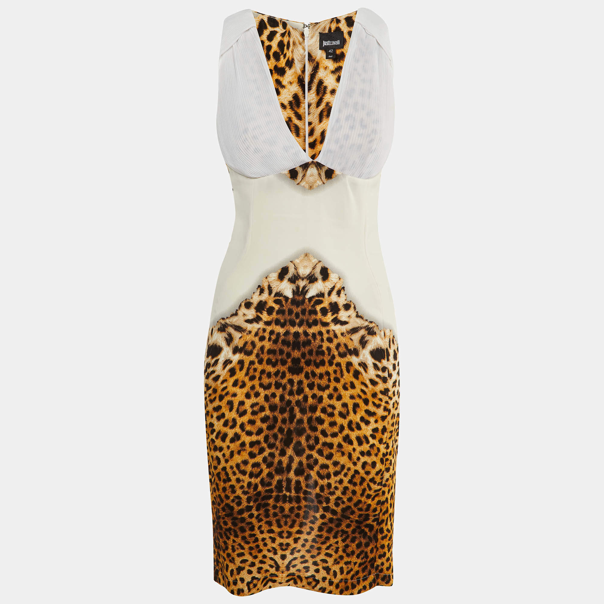 Just Cavalli White Leopard Print Crepe Sleeveless Dress M