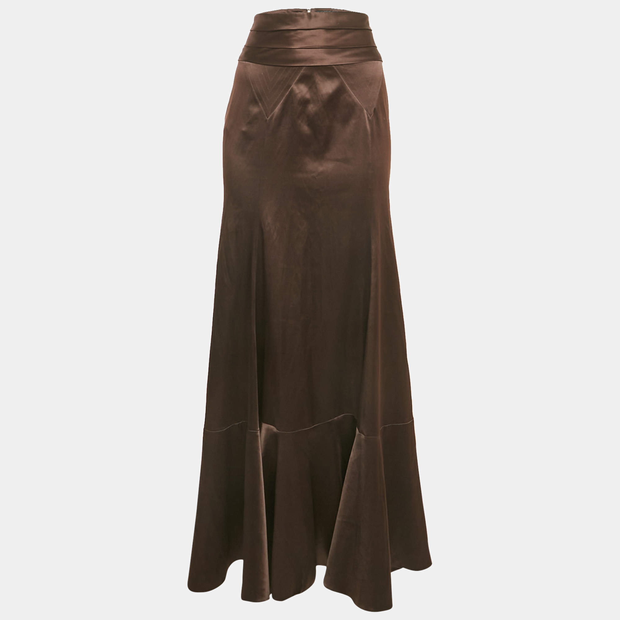 Just Cavalli Brown Stretch Satin Maxi Skirt M