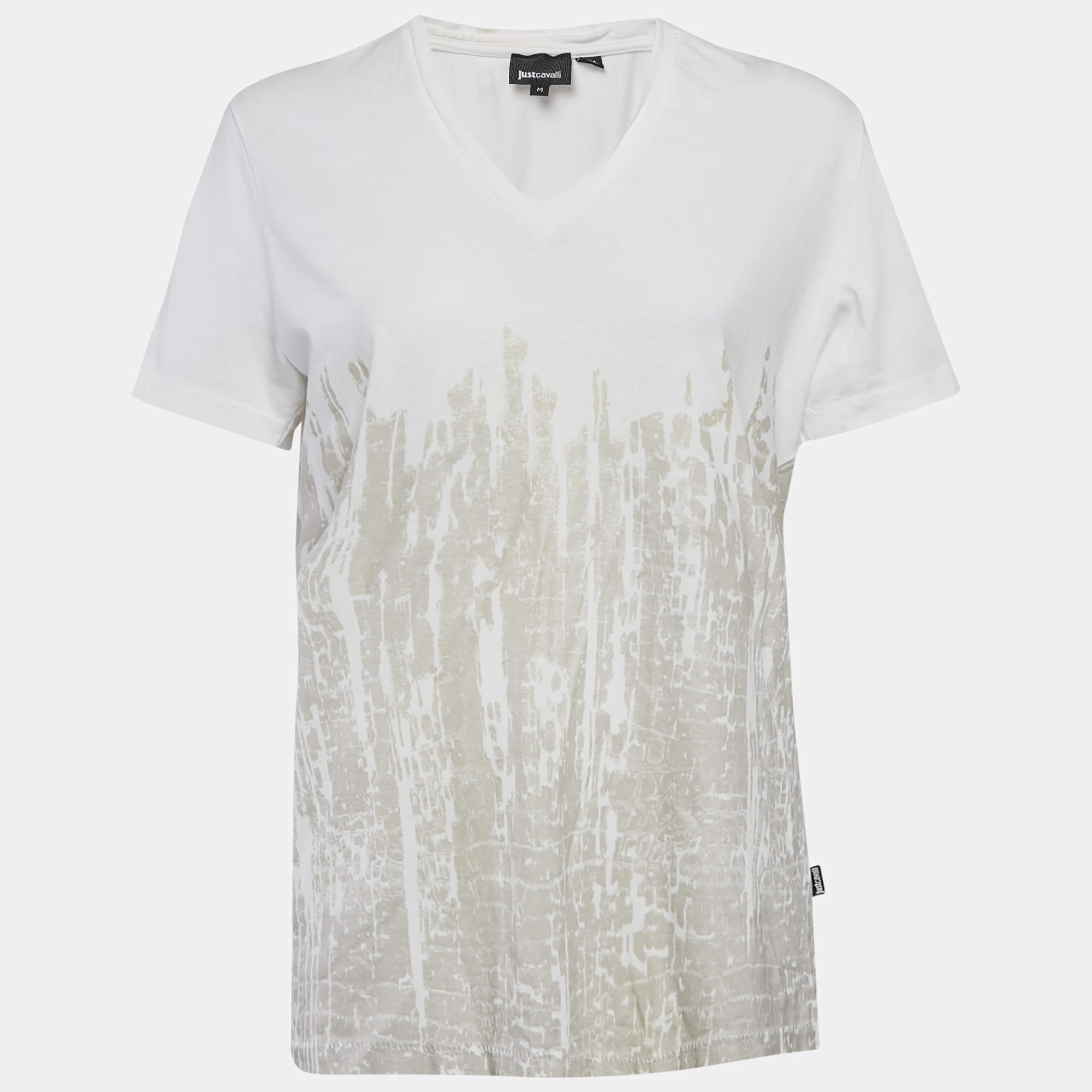 Pre Owned Just Cavalli Off White Printed Cotton Blend V- Neck T-Shirt M