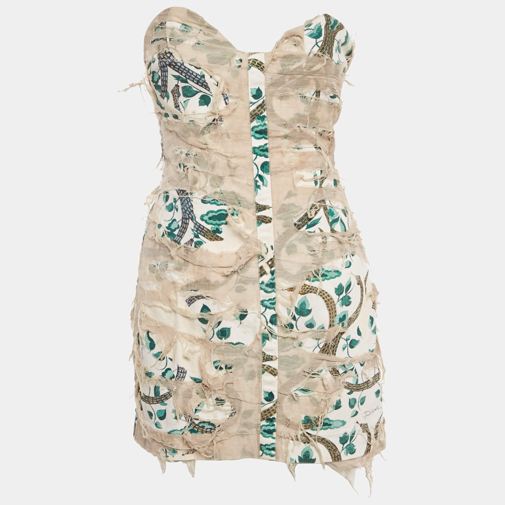 Pre Owned Just Cavalli Off-White Printed Canvas Distressed Strapless Mini Dress S