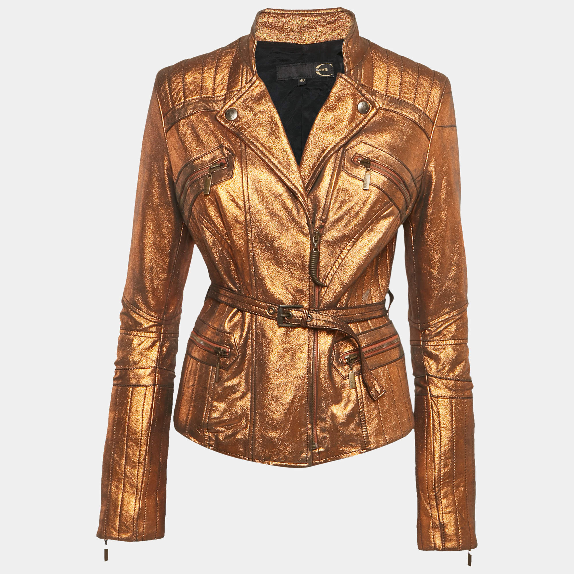Pre Owned Just Cavalli Metallic Leather Zip-Up Biker Jacket S
