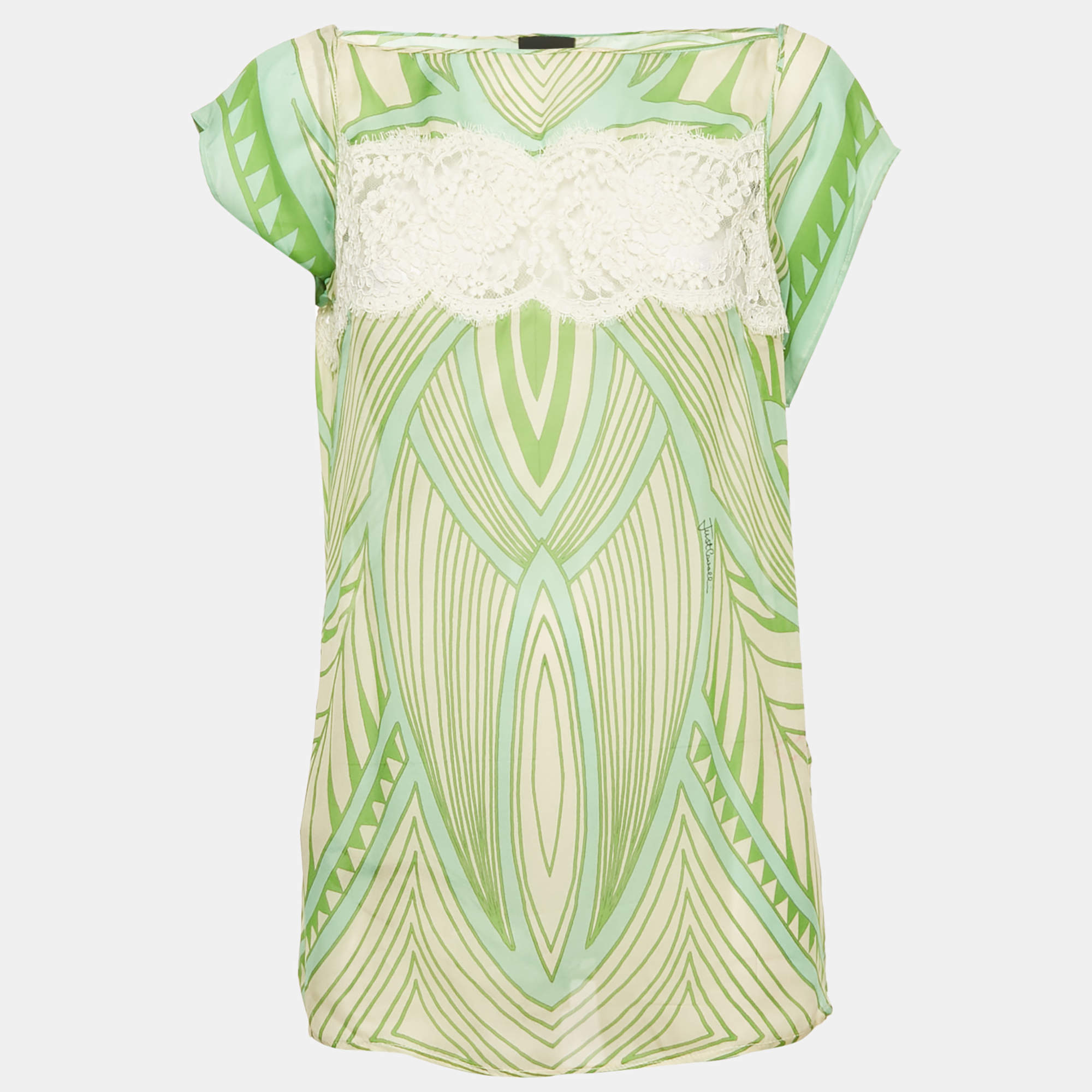 Pre Owned Just Cavalli Green Printed Lace Trim Silk Top L