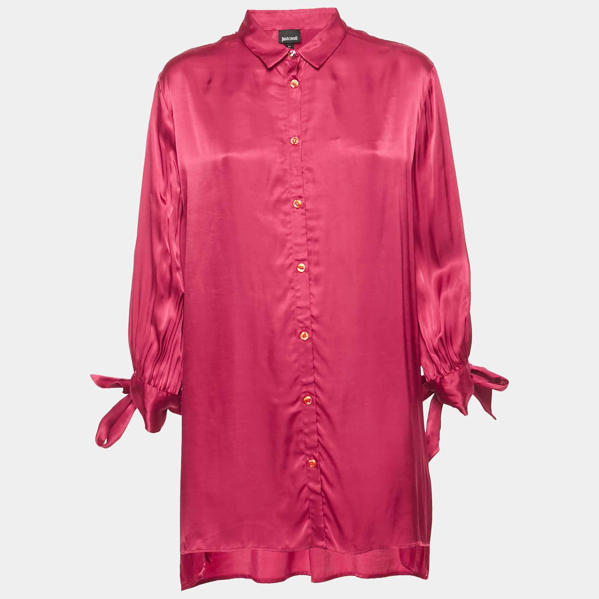Pre Owned Just Cavalli Satin Pink Tie- Up Sleeve Shirt Blouse L