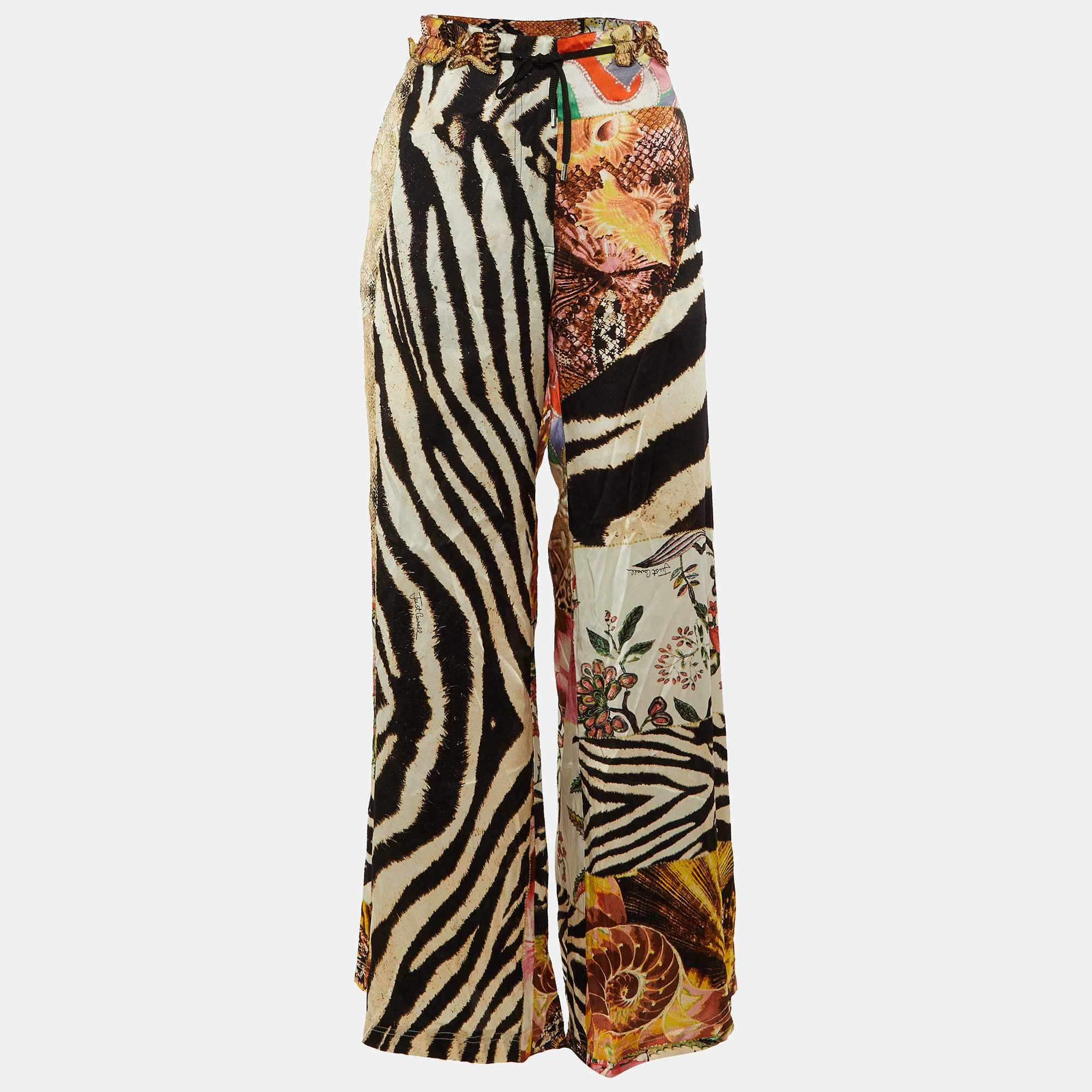 Pre Owned Just Cavalli Multicolor Printed Silk Satin Waist Tie Detail Pants M