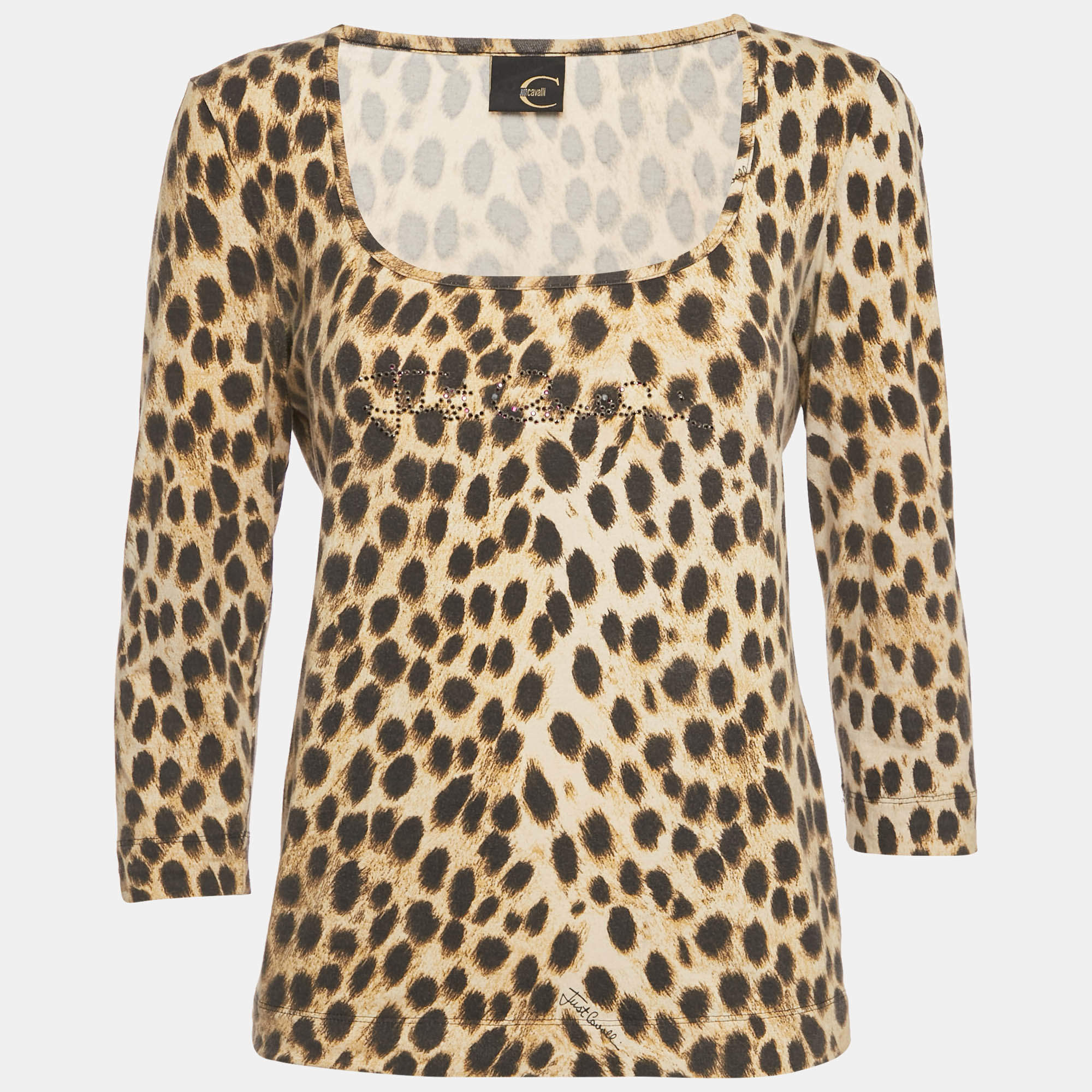 Pre Owned Just Cavalli Brown Animal Print Jersey Embellished Slim Fit Top L