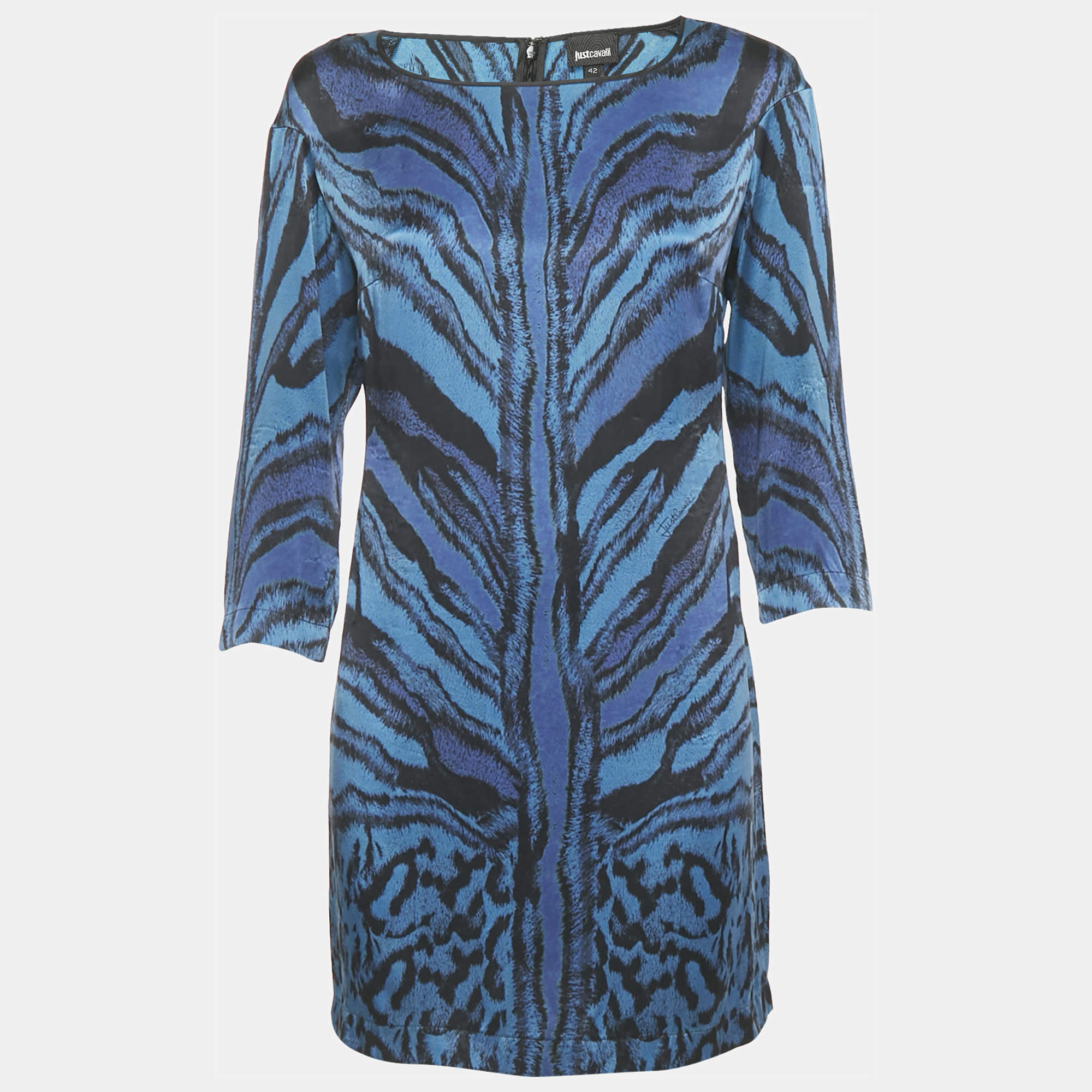 Pre Owned Just Cavalli Blue Animal Print Silk Long Sleeve Mini Dress M