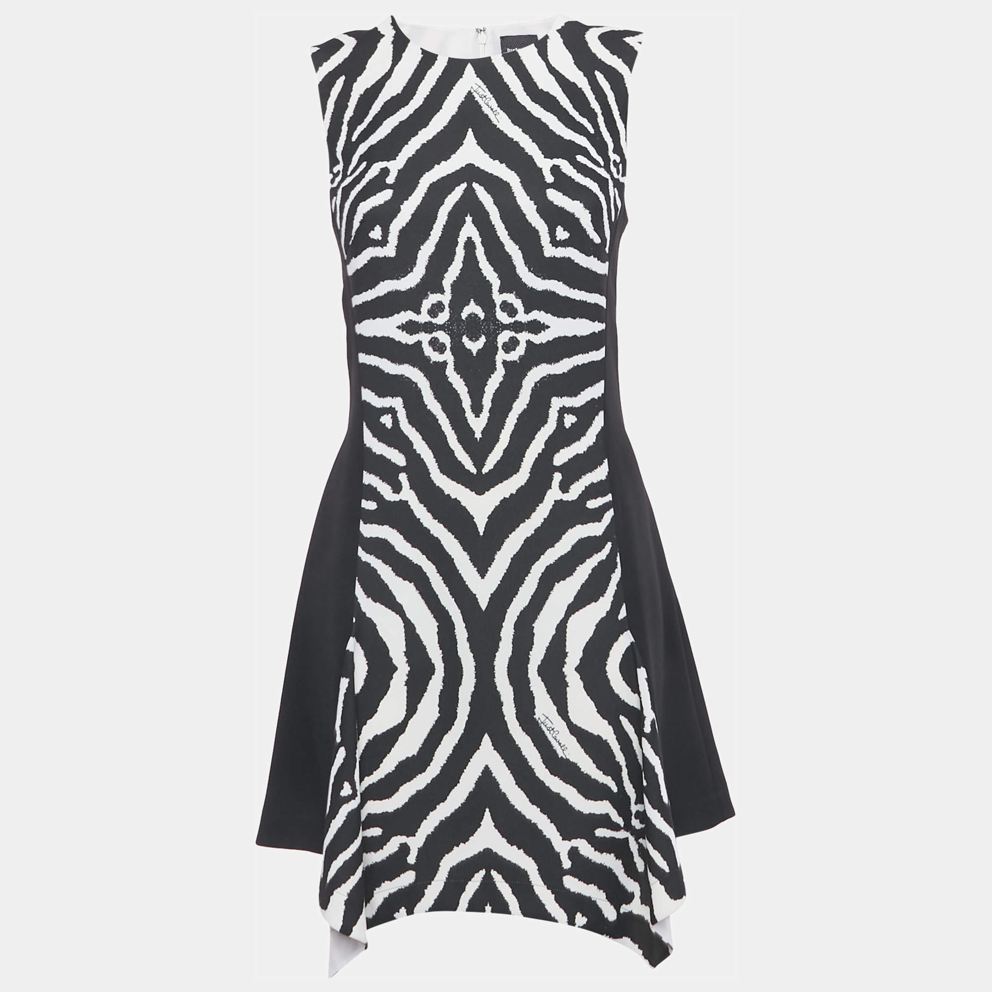 Pre Owned Just Cavalli Black Animal Print Crepe Asymmetrical Short Dress M