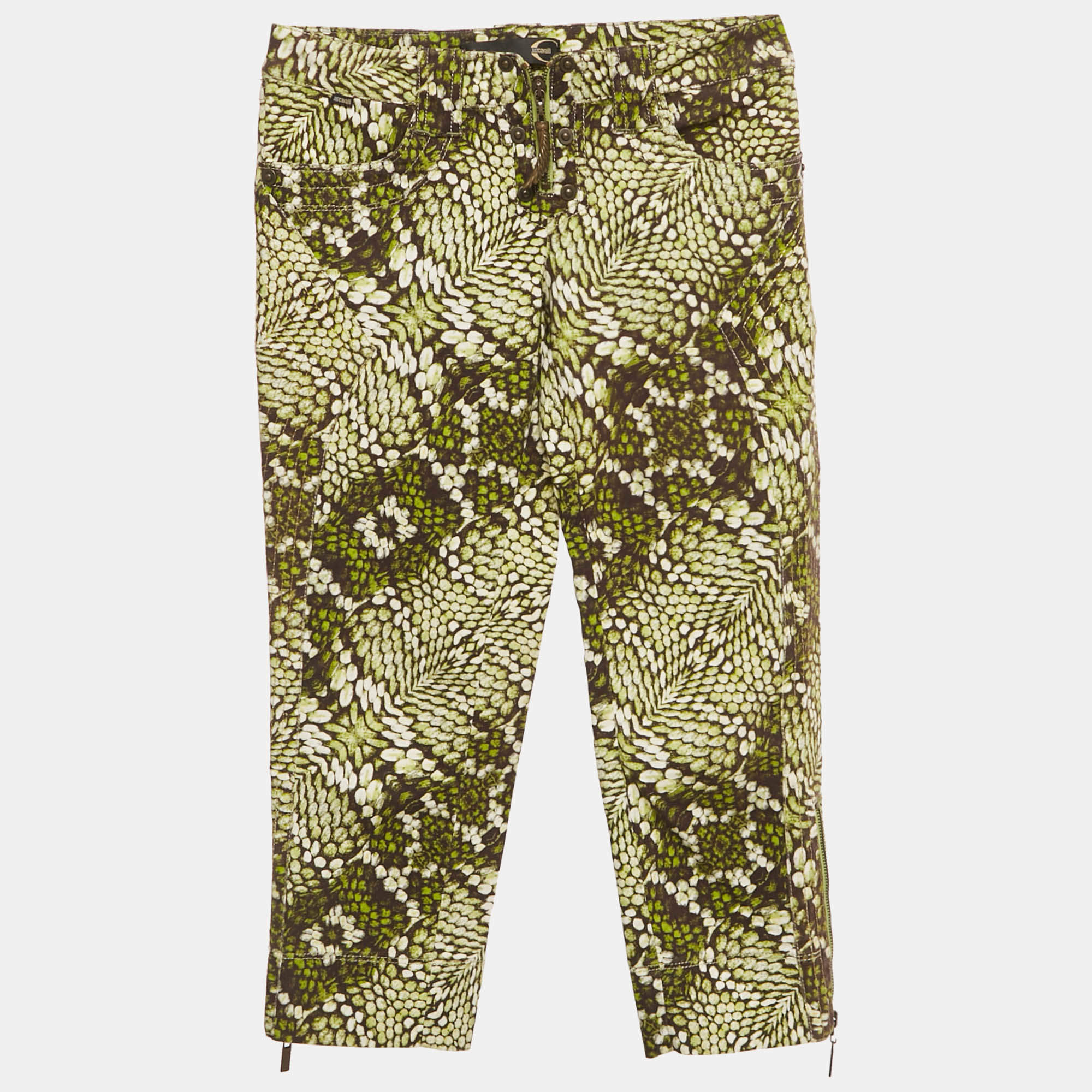 Pre Owned Just Cavalli Brown /Green Snake Print Denim Charm Detail Capri Pants M